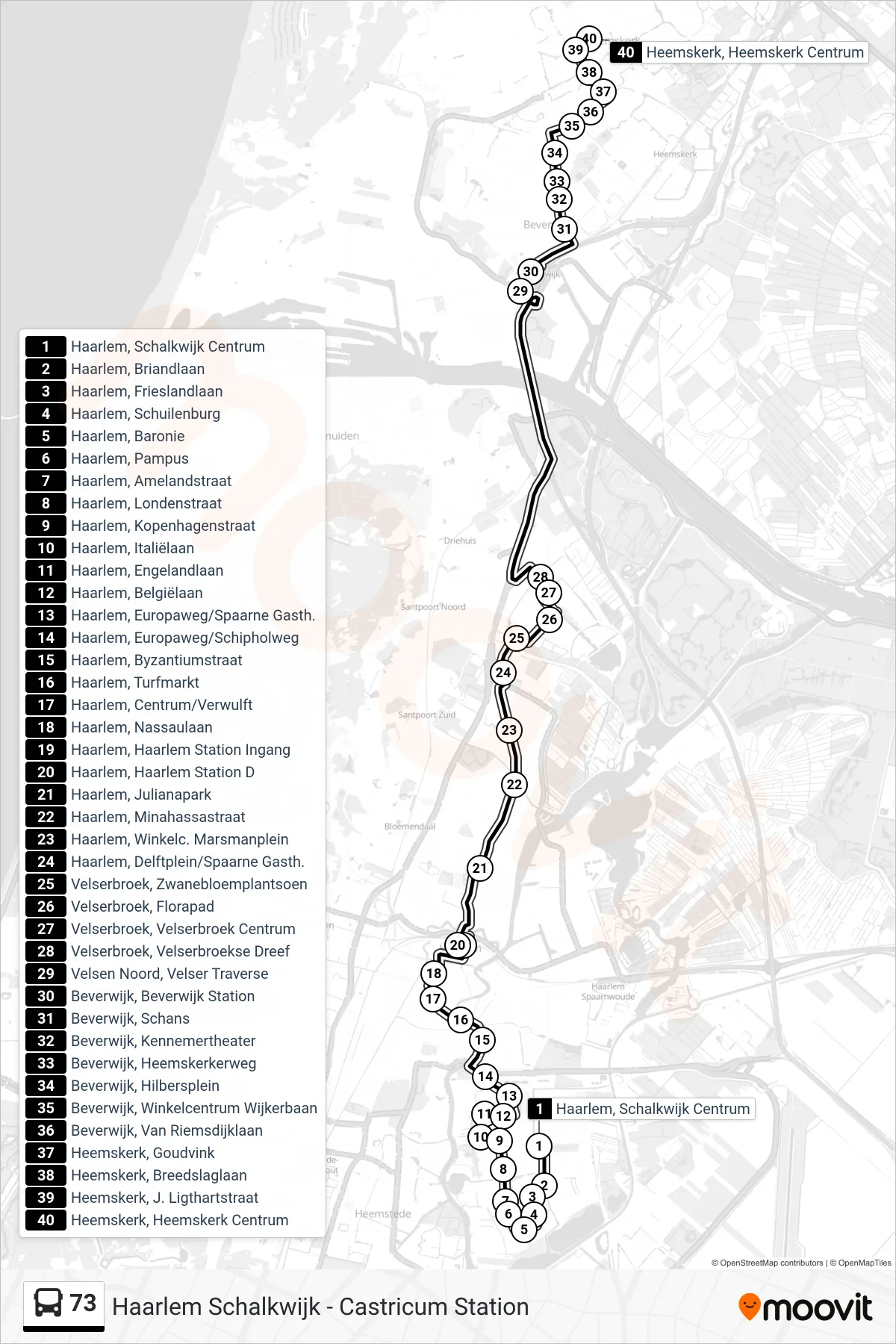 73 bus Line (Heemskerk Centrum) route and stops on a map
