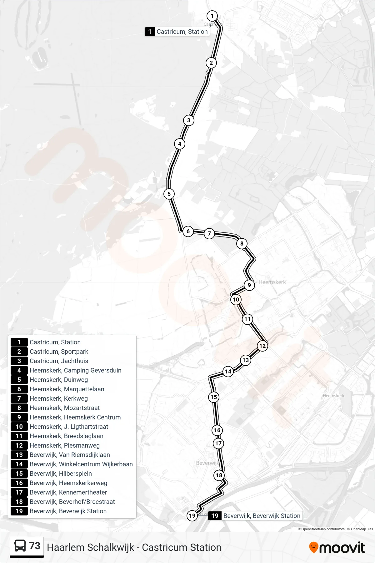 73 bus Line (Beverwijk Station) route and stops on a map