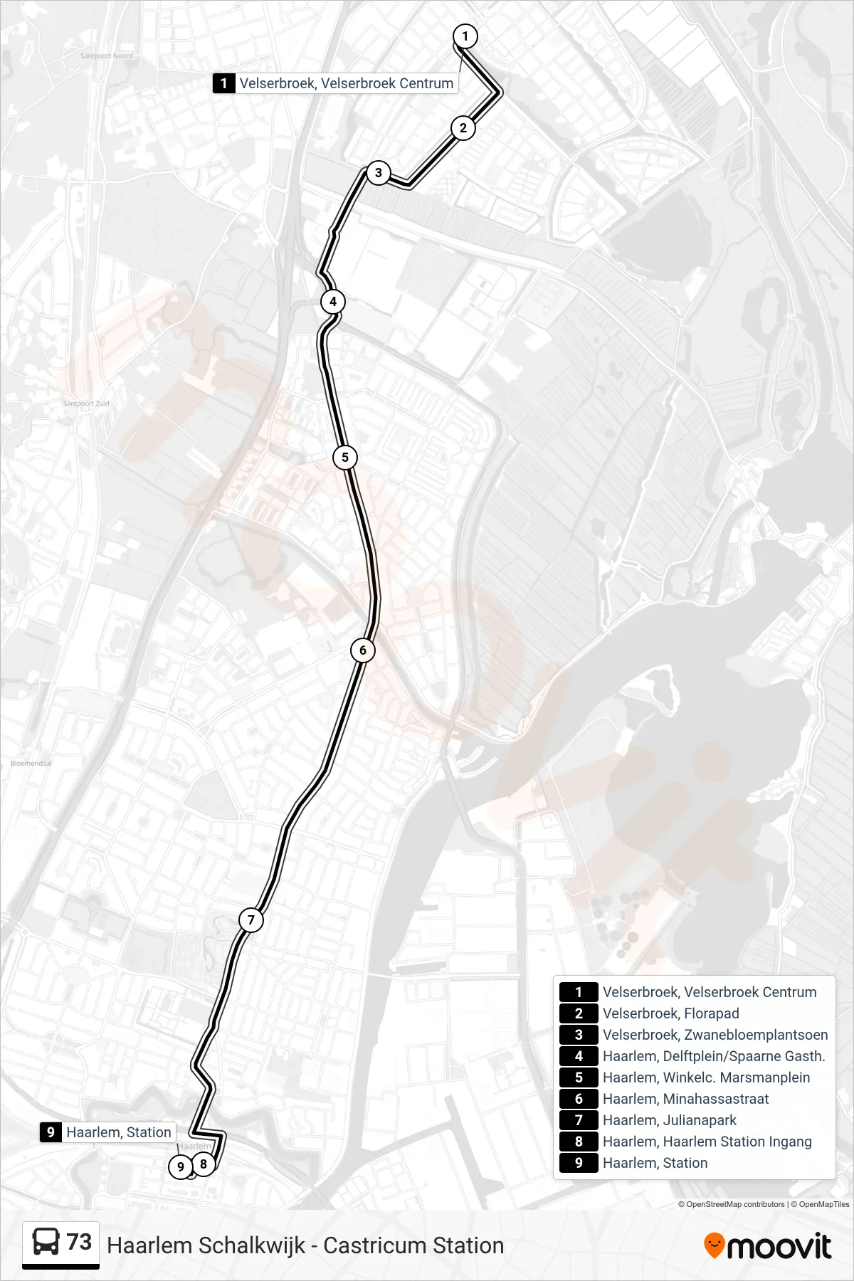 Lijn 73 (bus, Haarlem Station): route en haltes op de kaart