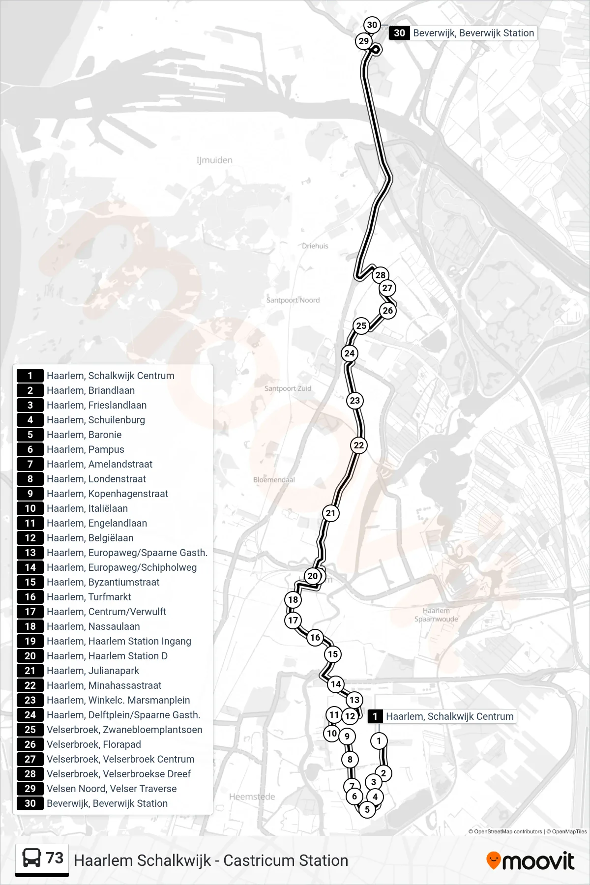 73 bus Line (Beverwijk Station) route and stops on a map