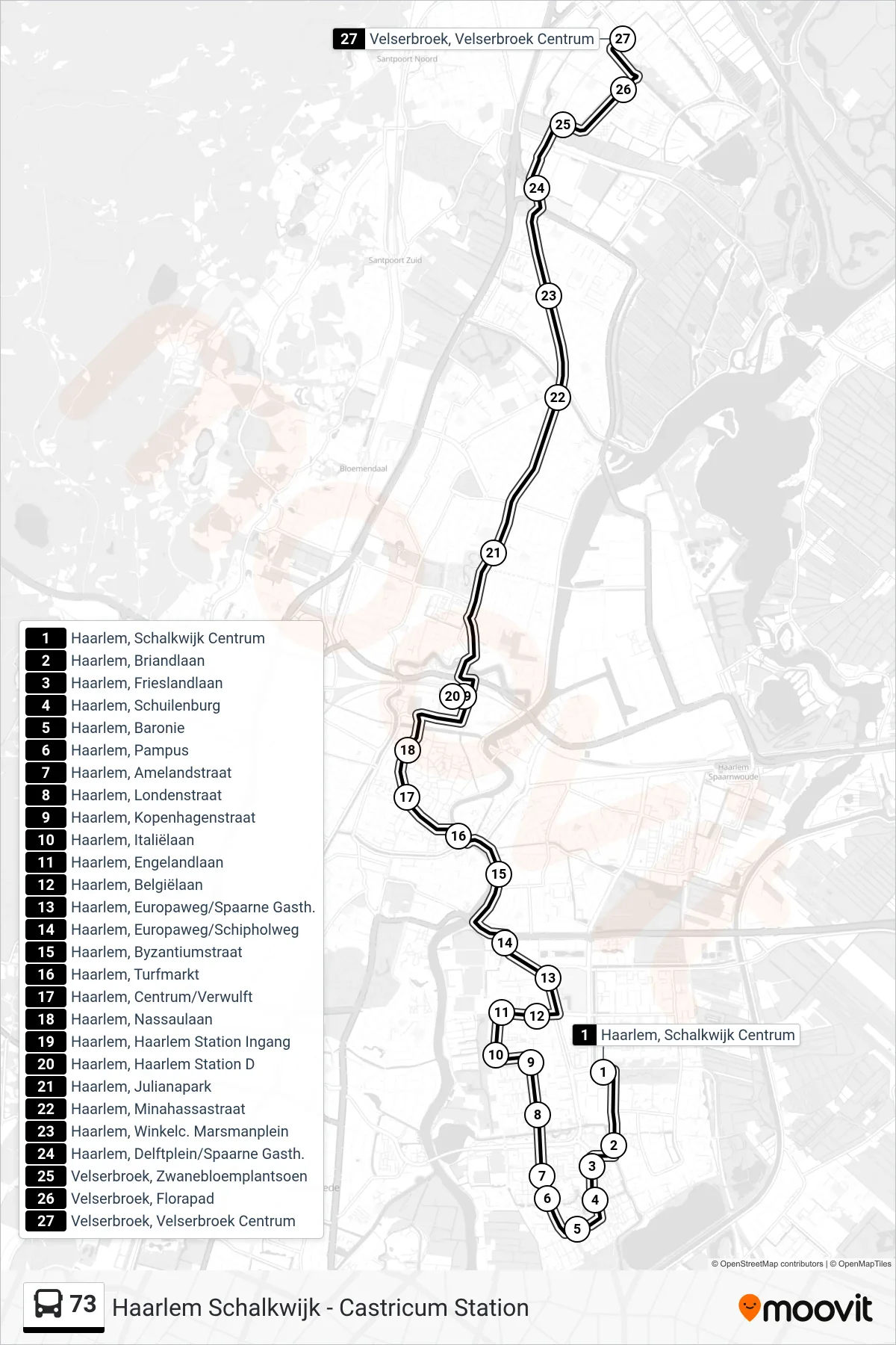 73 bus Line (Velserbroek Centrum) route and stops on a map