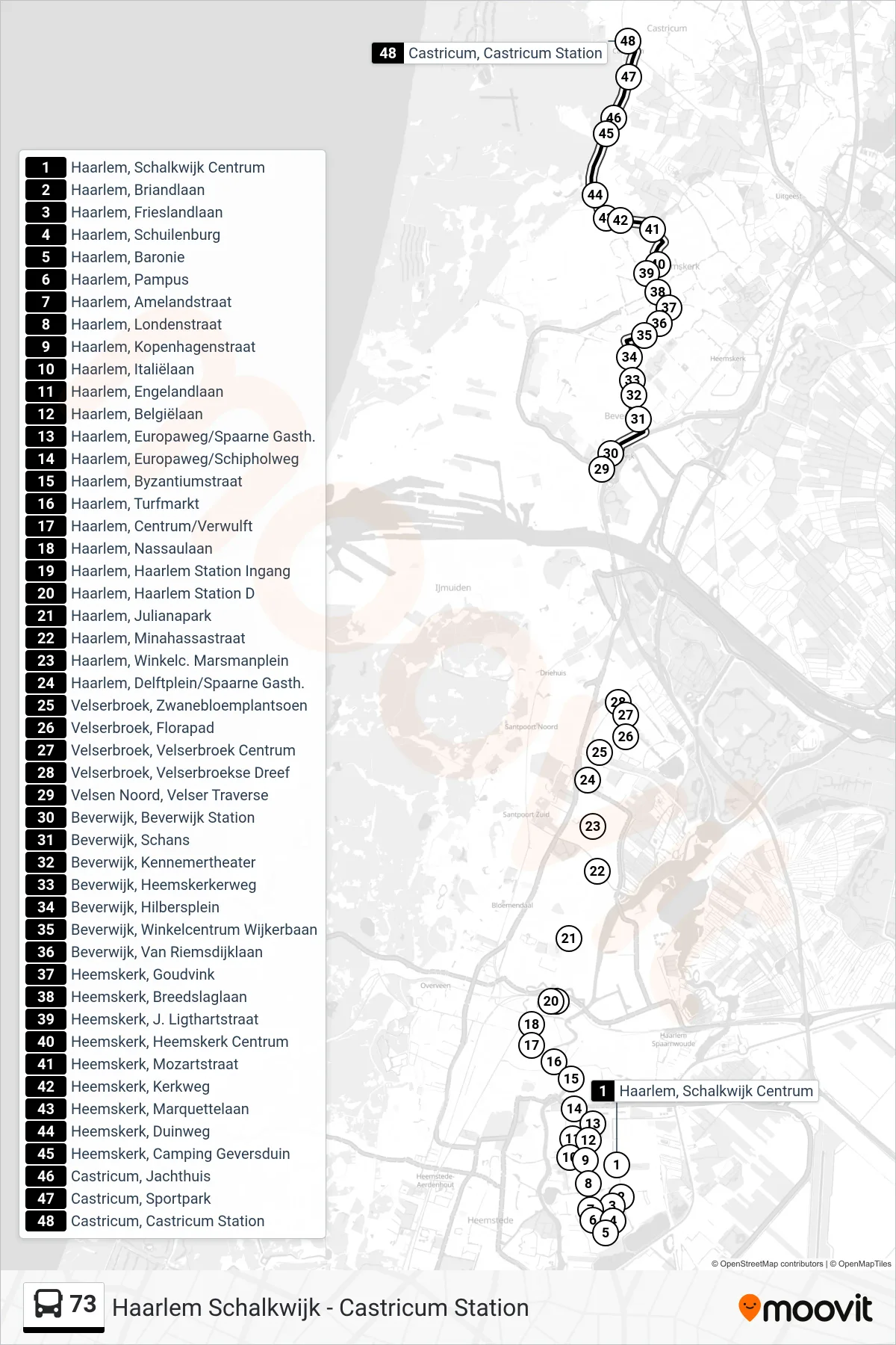 Lijn 73 (bus, Castricum Station): route en haltes op de kaart
