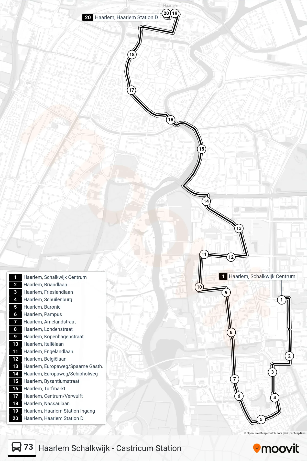 73 bus Line (Haarlem Station) route and stops on a map