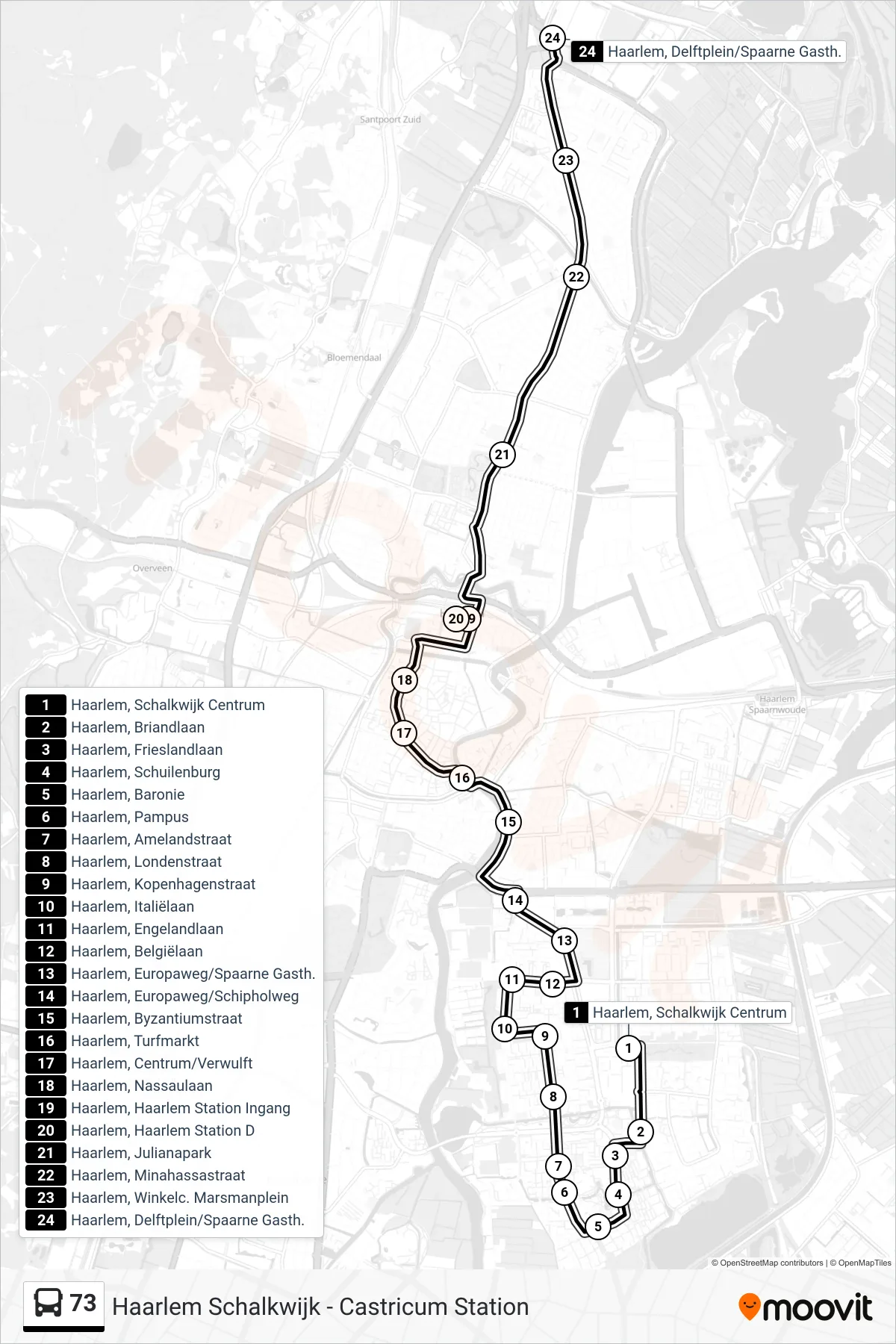 Lijn 73 (bus, Delftplein/Spaarne Gasth.): route en haltes op de kaart
