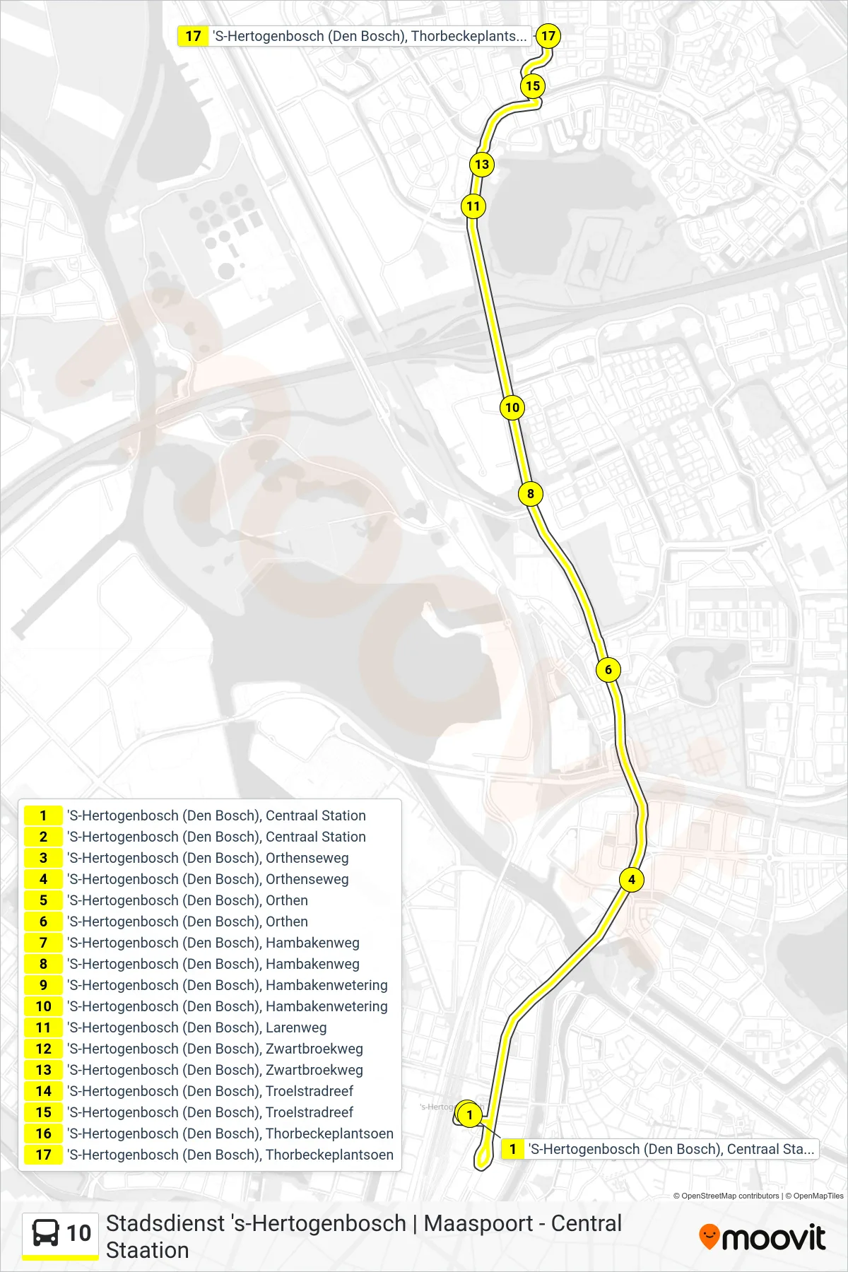 10 bus Line (Maaspoort) route and stops on a map