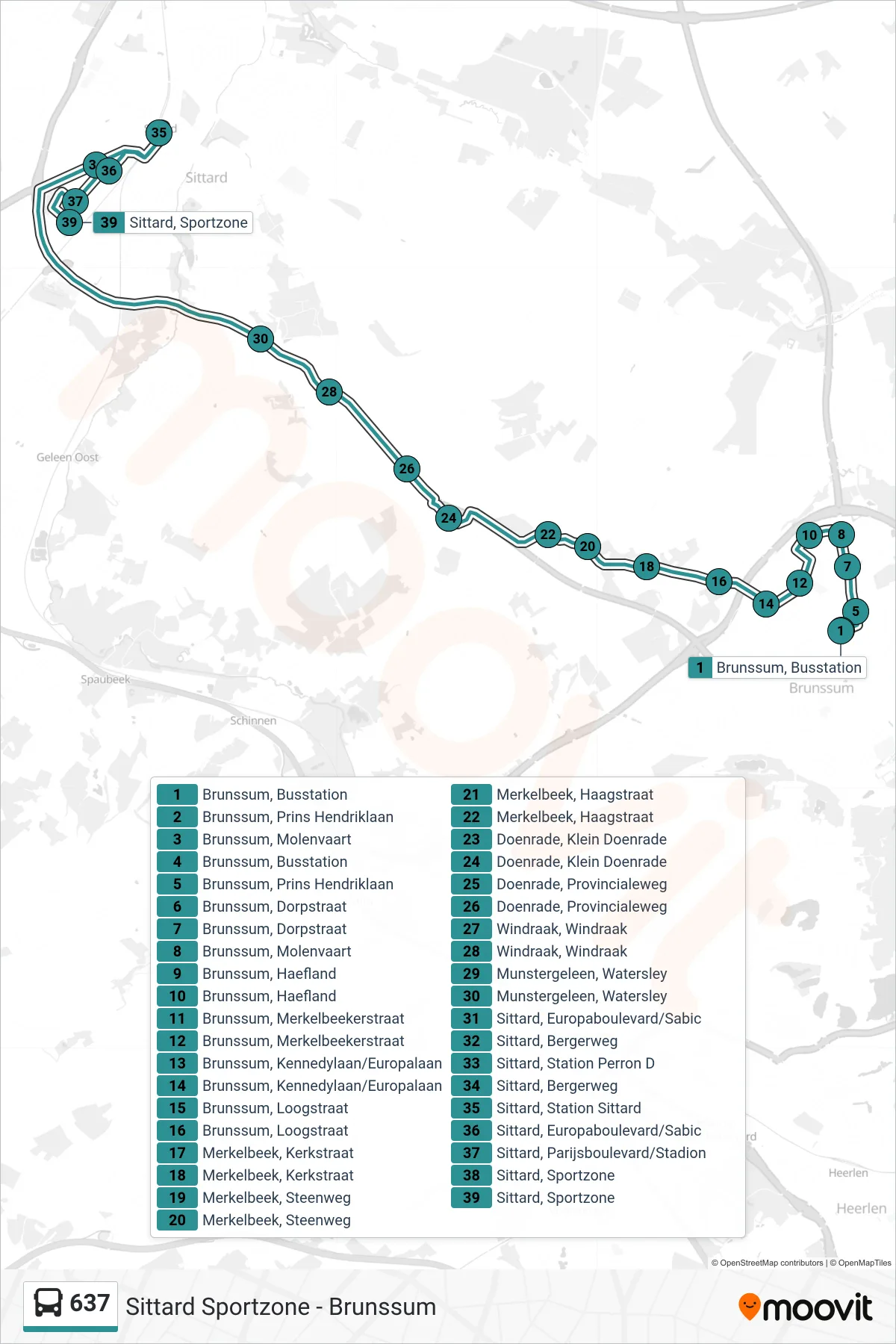 Lijn 637 (bus, Sittard): route en haltes op de kaart