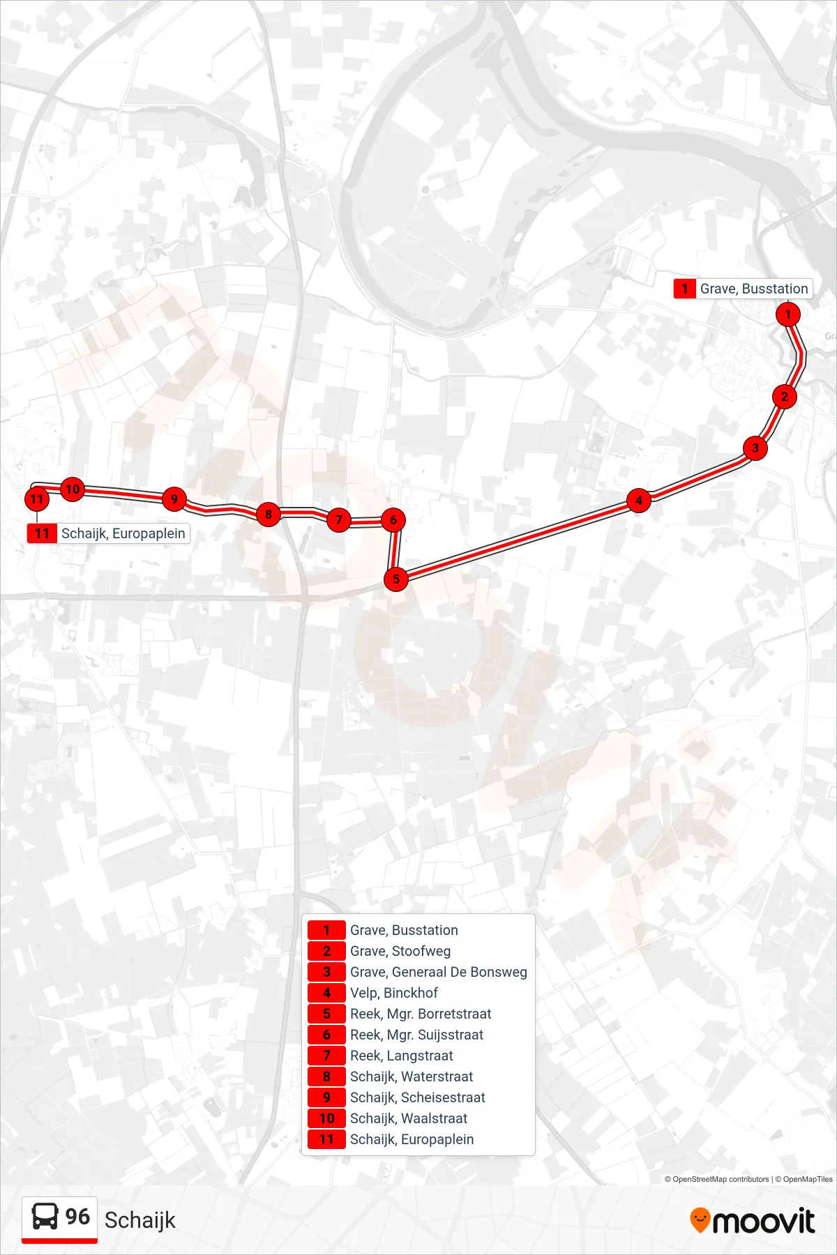 Lijn 96 (bus, Schaijk): route en haltes op de kaart
