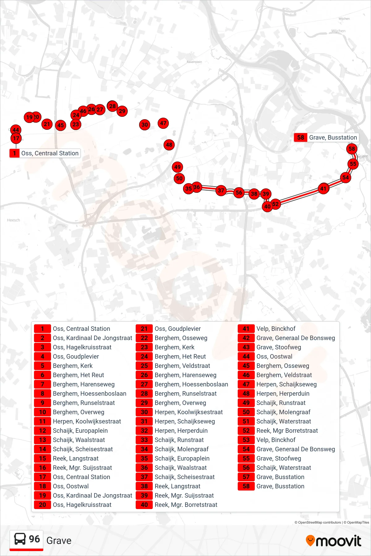 Lijn 96 (bus, Grave): route en haltes op de kaart