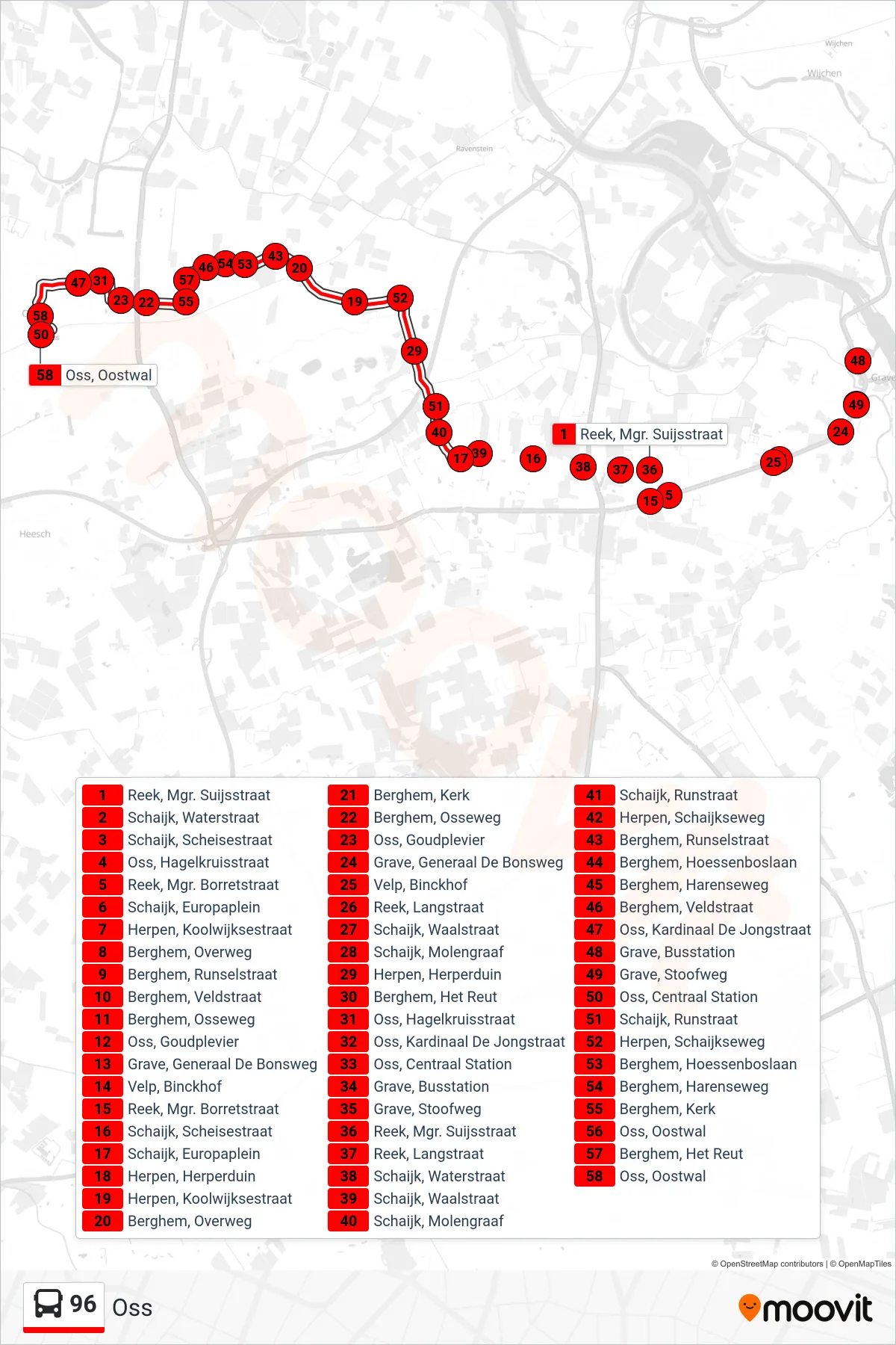 Lijn 96 (bus, Oss): route en haltes op de kaart