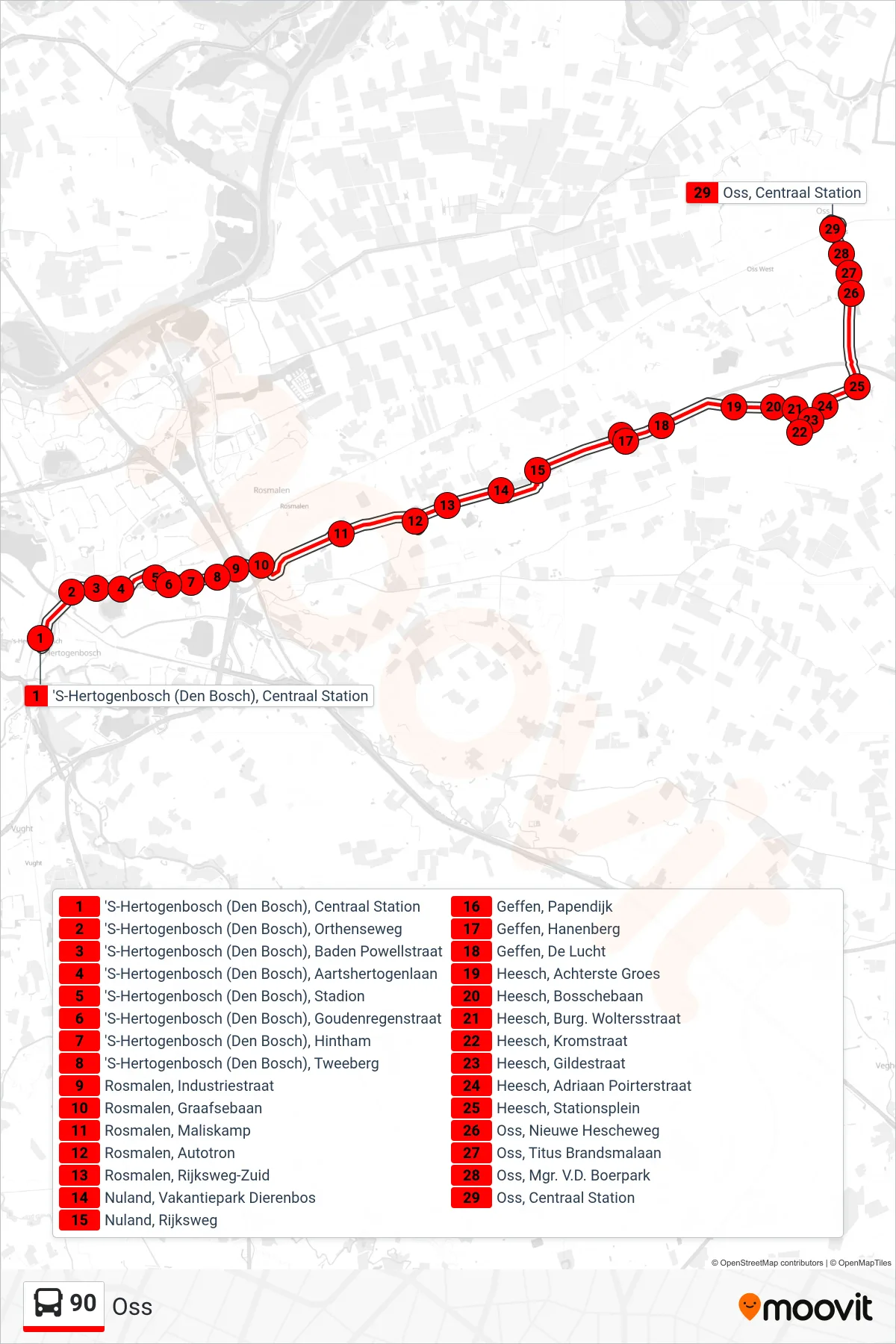 Lijn 90 (bus, Oss): route en haltes op de kaart