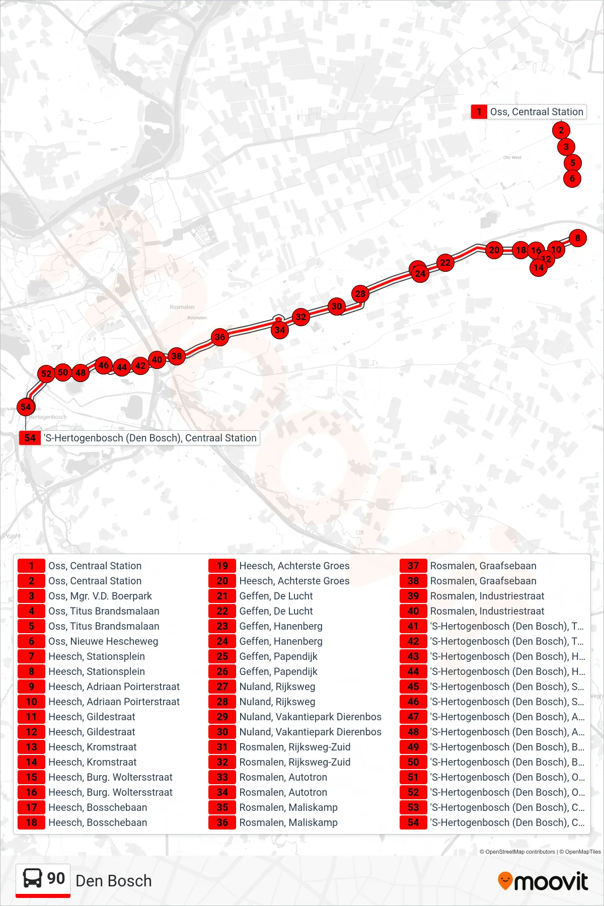 90 bus Line (Den Bosch) route and stops on a map