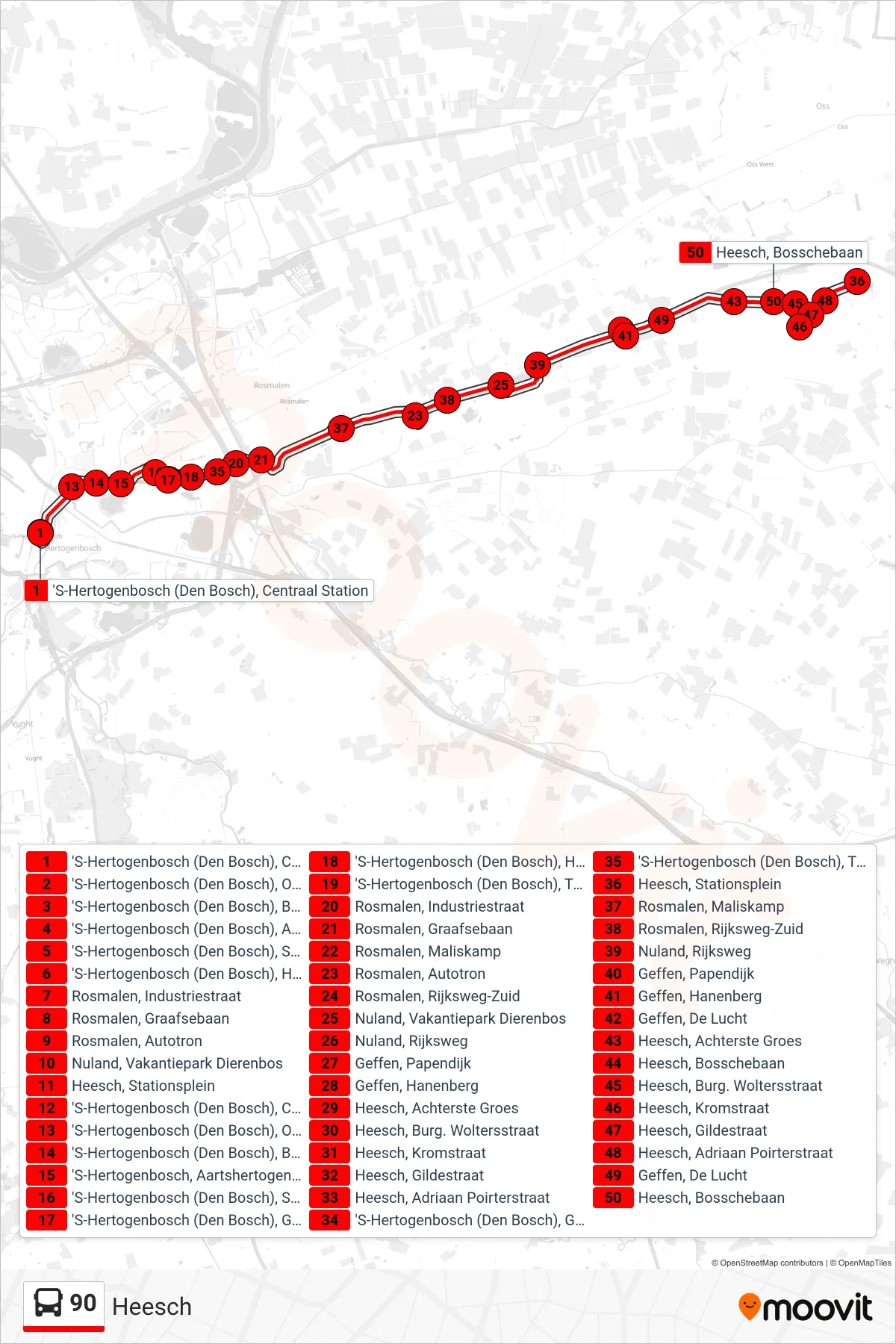 Lijn 90 (bus, Heesch): route en haltes op de kaart