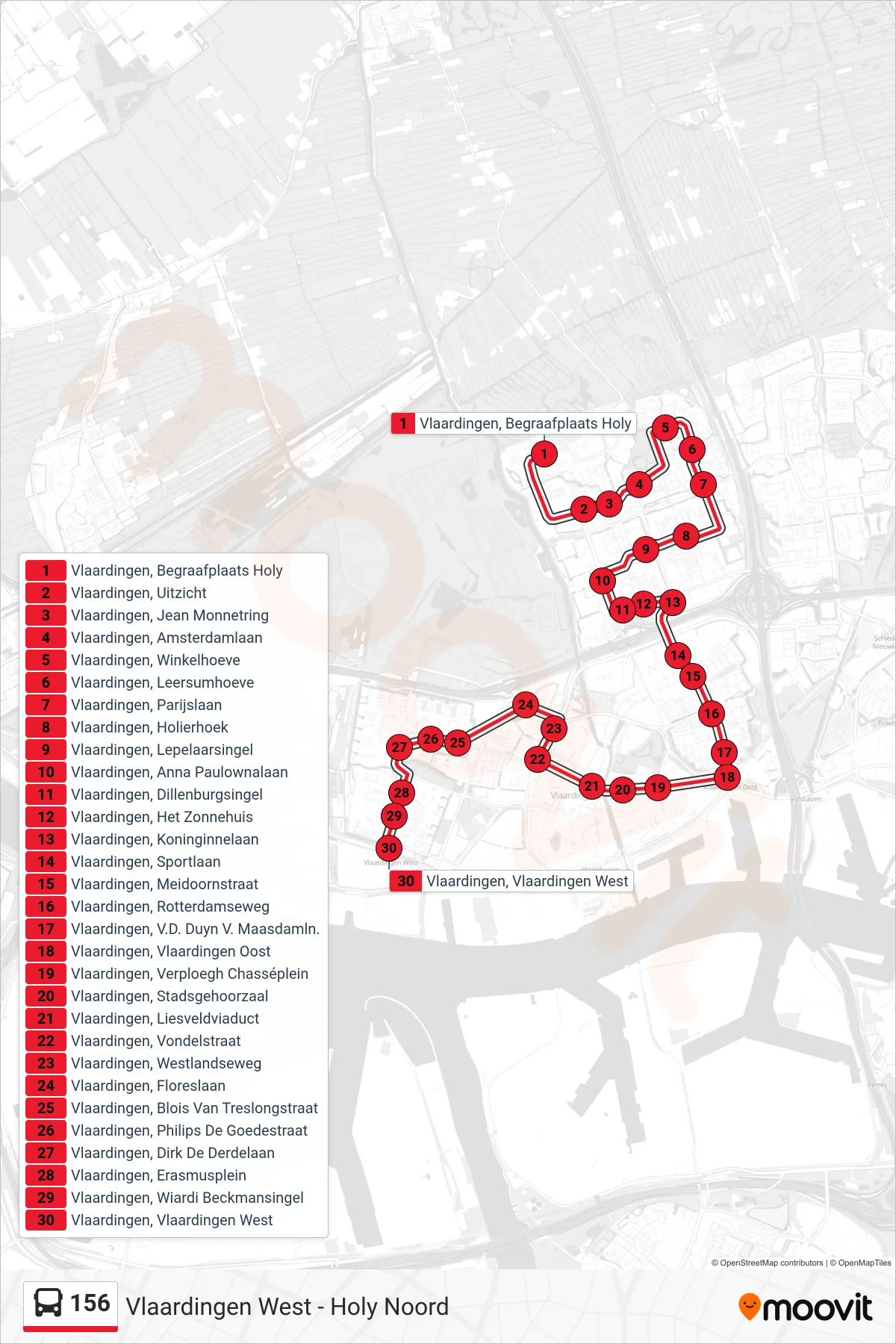 156 bus Line (Station Vlaardingen West) route and stops on a map