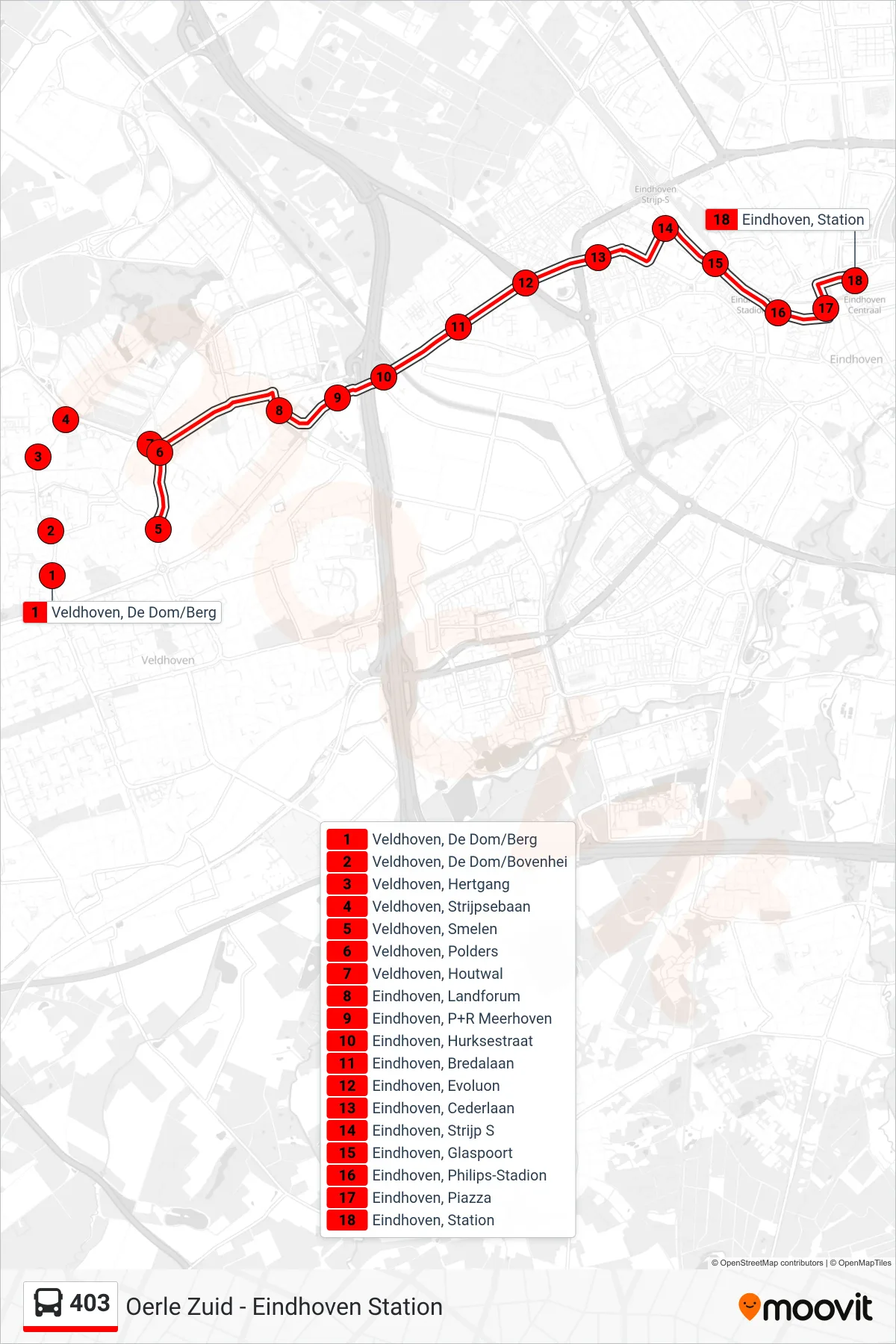 Lijn 403 (bus, Eindhoven Station): route en haltes op de kaart