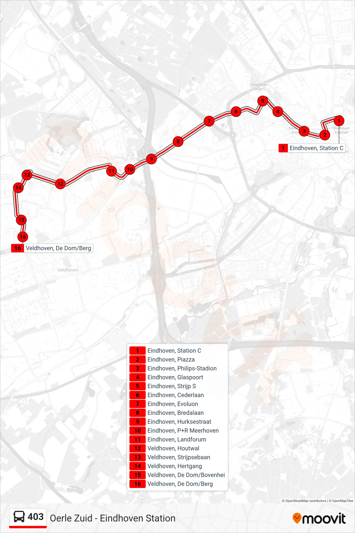 Lijn 403 (bus, Veldhoven De Dom/Berg): route en haltes op de kaart