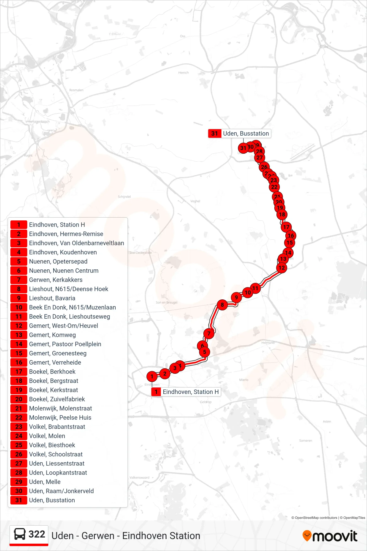 Lijn 322 (bus, Uden Busstation): route en haltes op de kaart