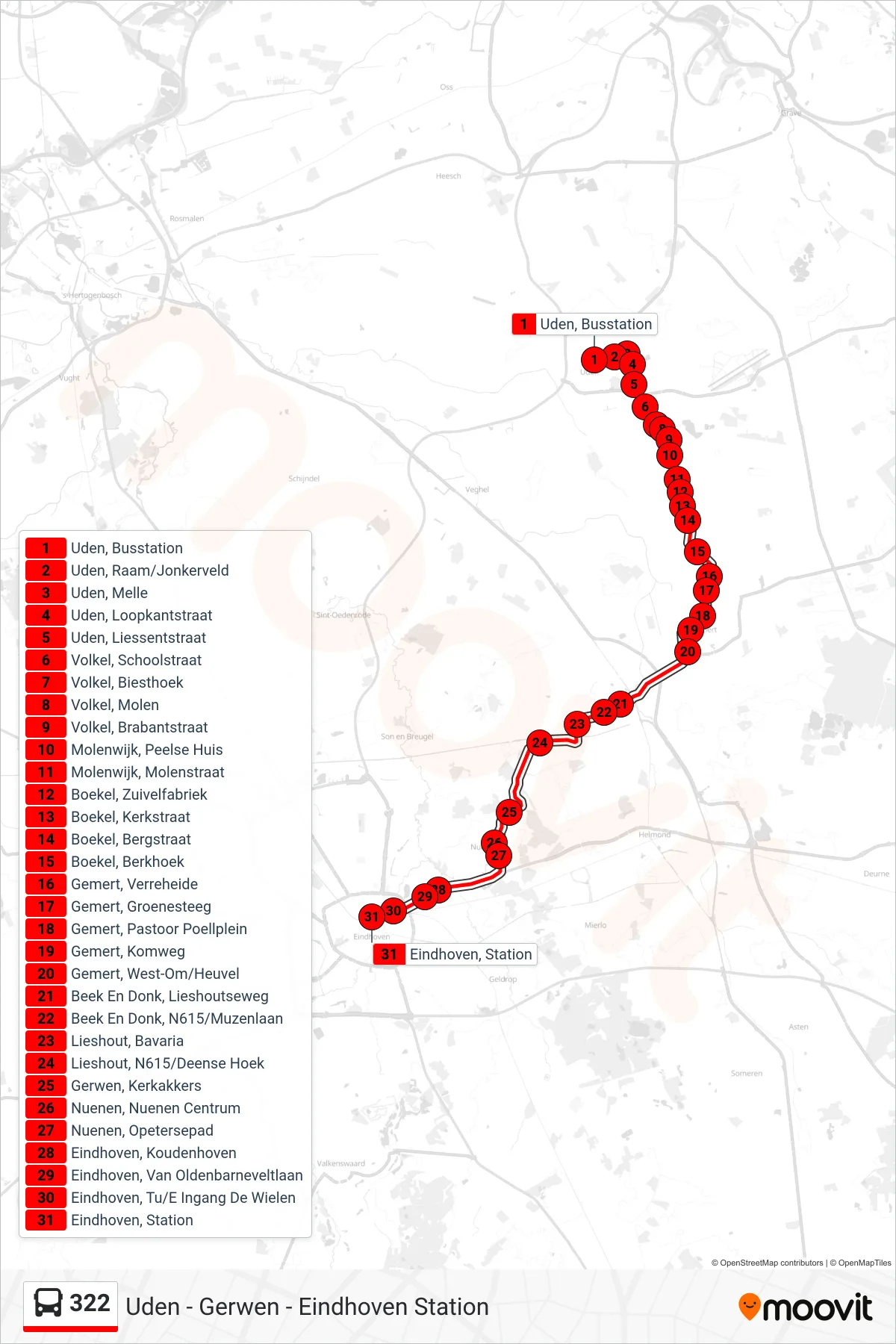 322 bus Line (Eindhoven Station) route and stops on a map