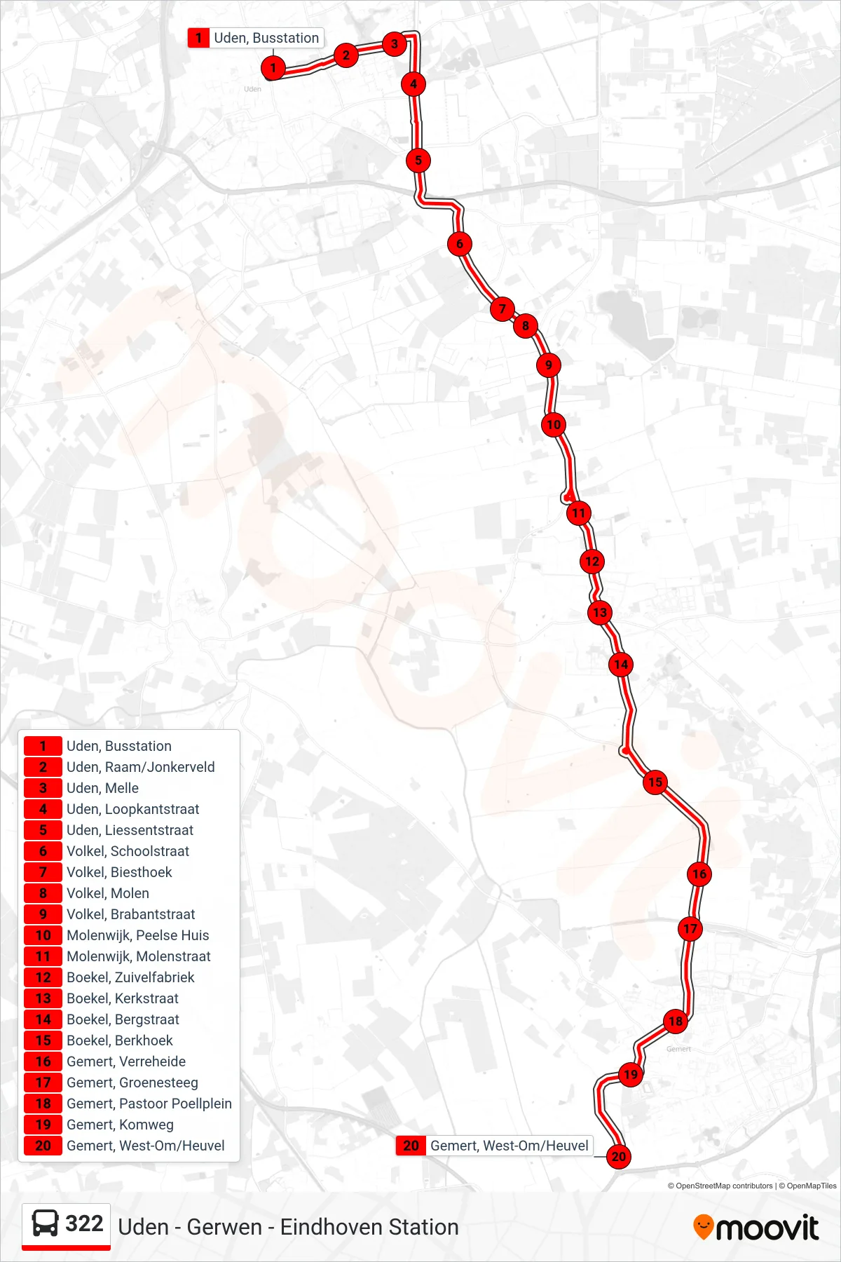 322 bus Line (Gemert West-Om/Heuvel) route and stops on a map