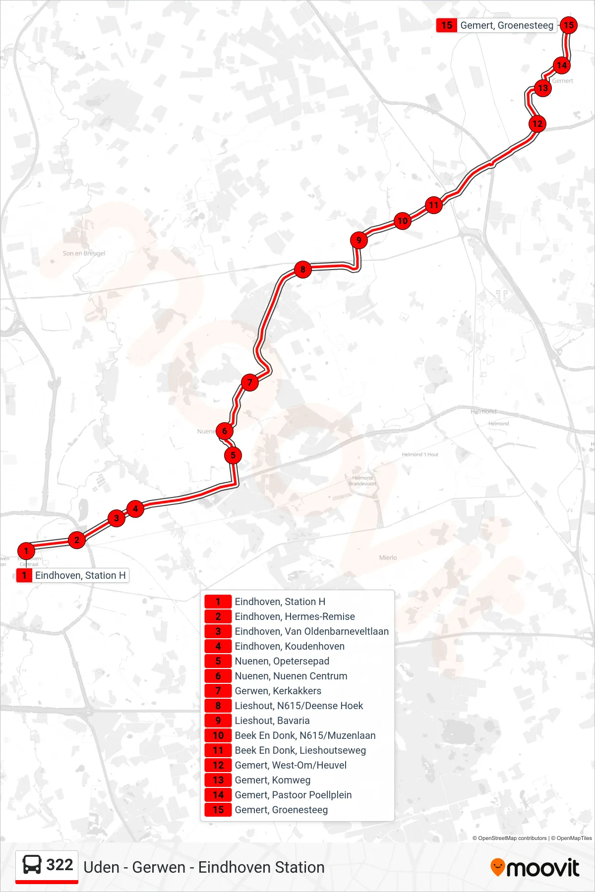 Lijn 322 (bus, Gemert Groenesteeg): route en haltes op de kaart