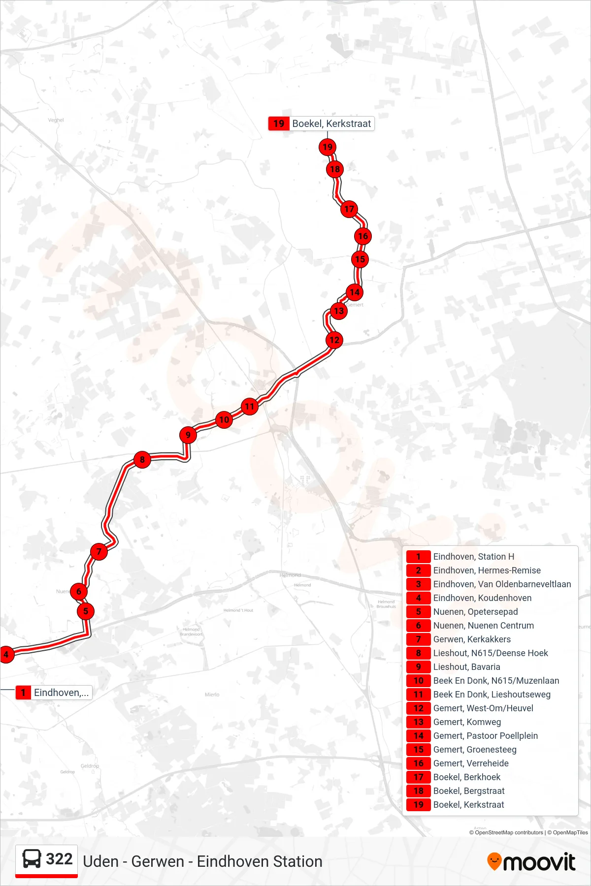 Lijn 322 (bus, Boekel Kerkstraat): route en haltes op de kaart