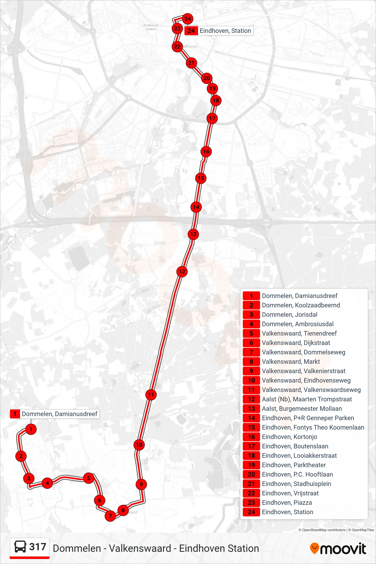 Lijn 317 (bus, Eindhoven Station): route en haltes op de kaart