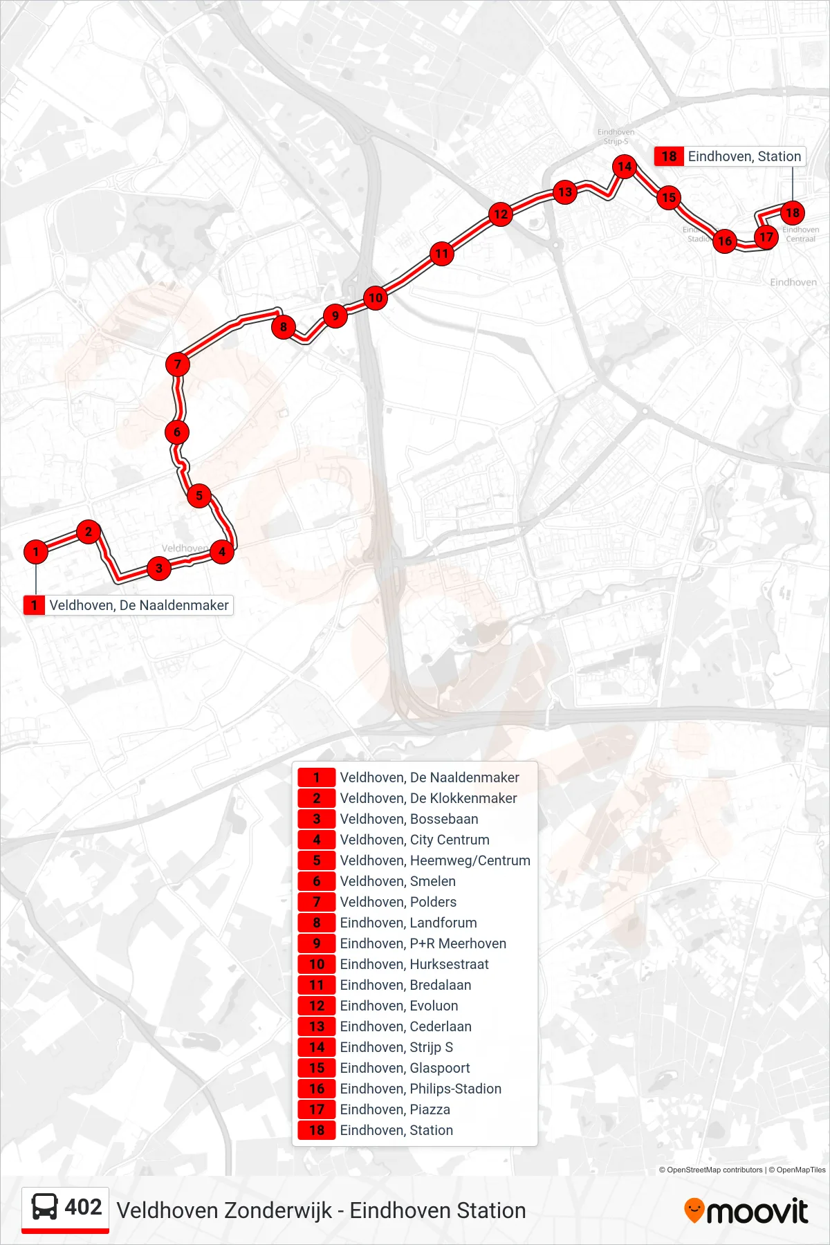 Lijn 402 (bus, Eindhoven Station): route en haltes op de kaart