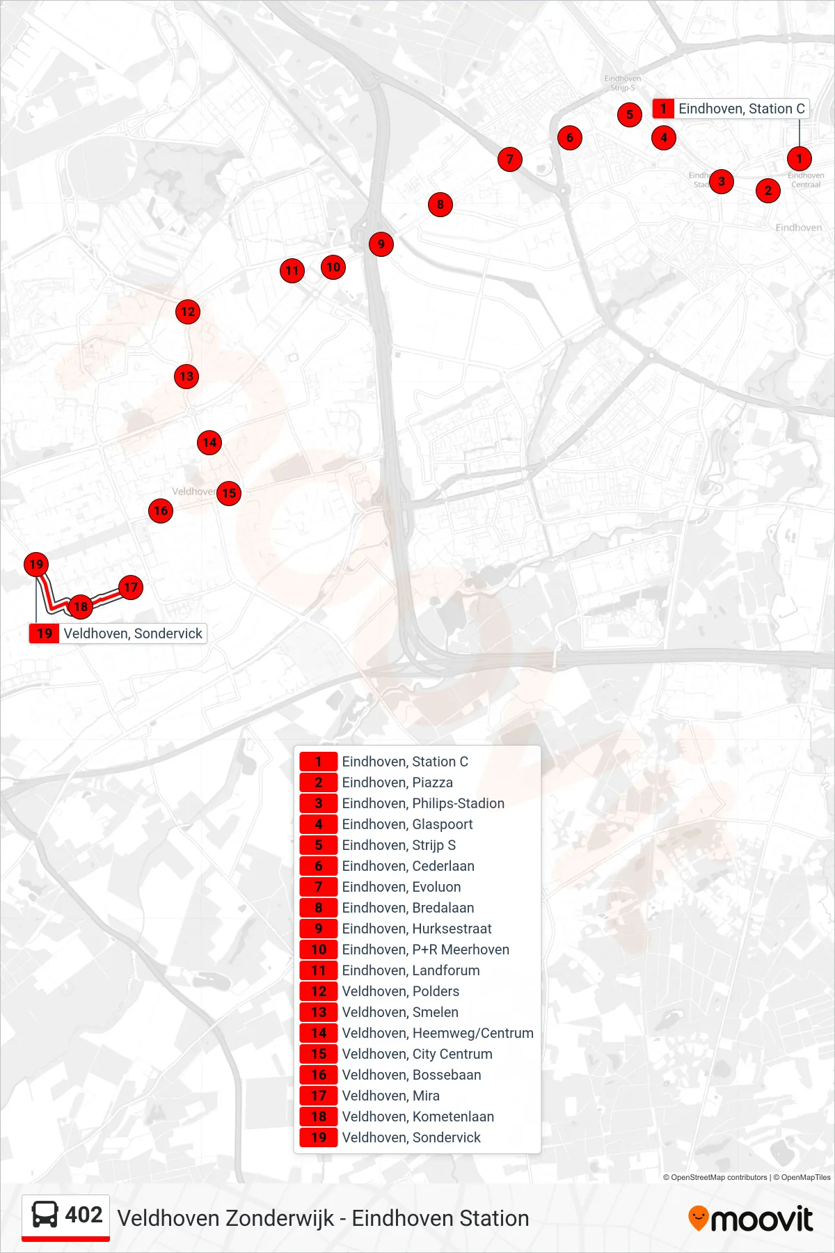 Lijn 402 (bus, Veldhoven Sondervick): route en haltes op de kaart
