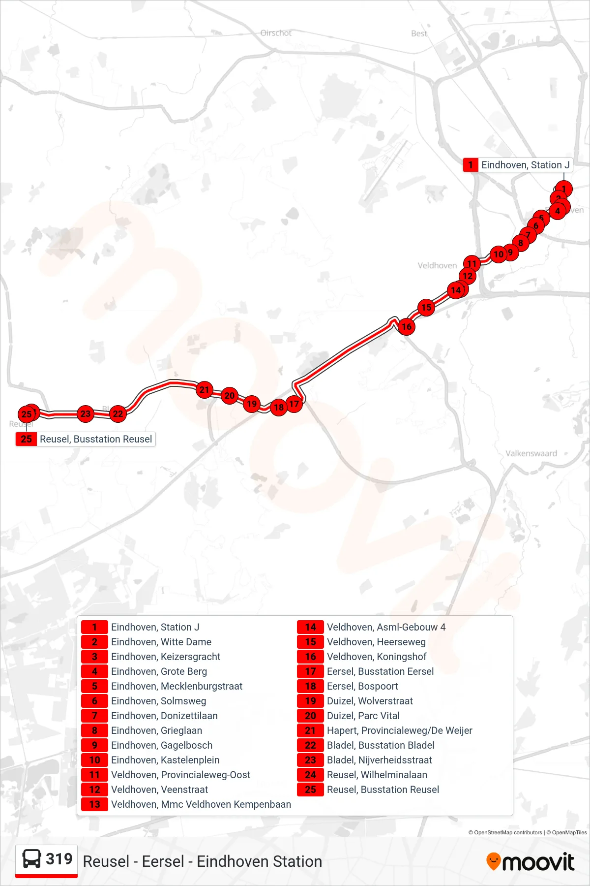 Lijn 319 (bus, Reusel Busstation): route en haltes op de kaart