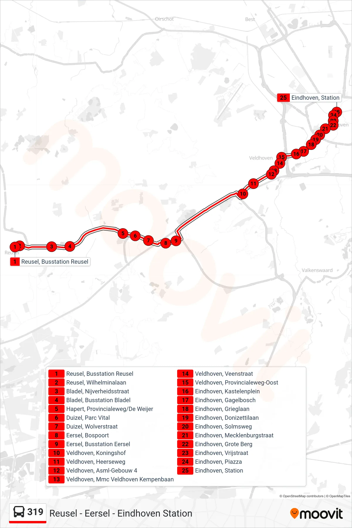 Lijn 319 (bus, Eindhoven Station): route en haltes op de kaart