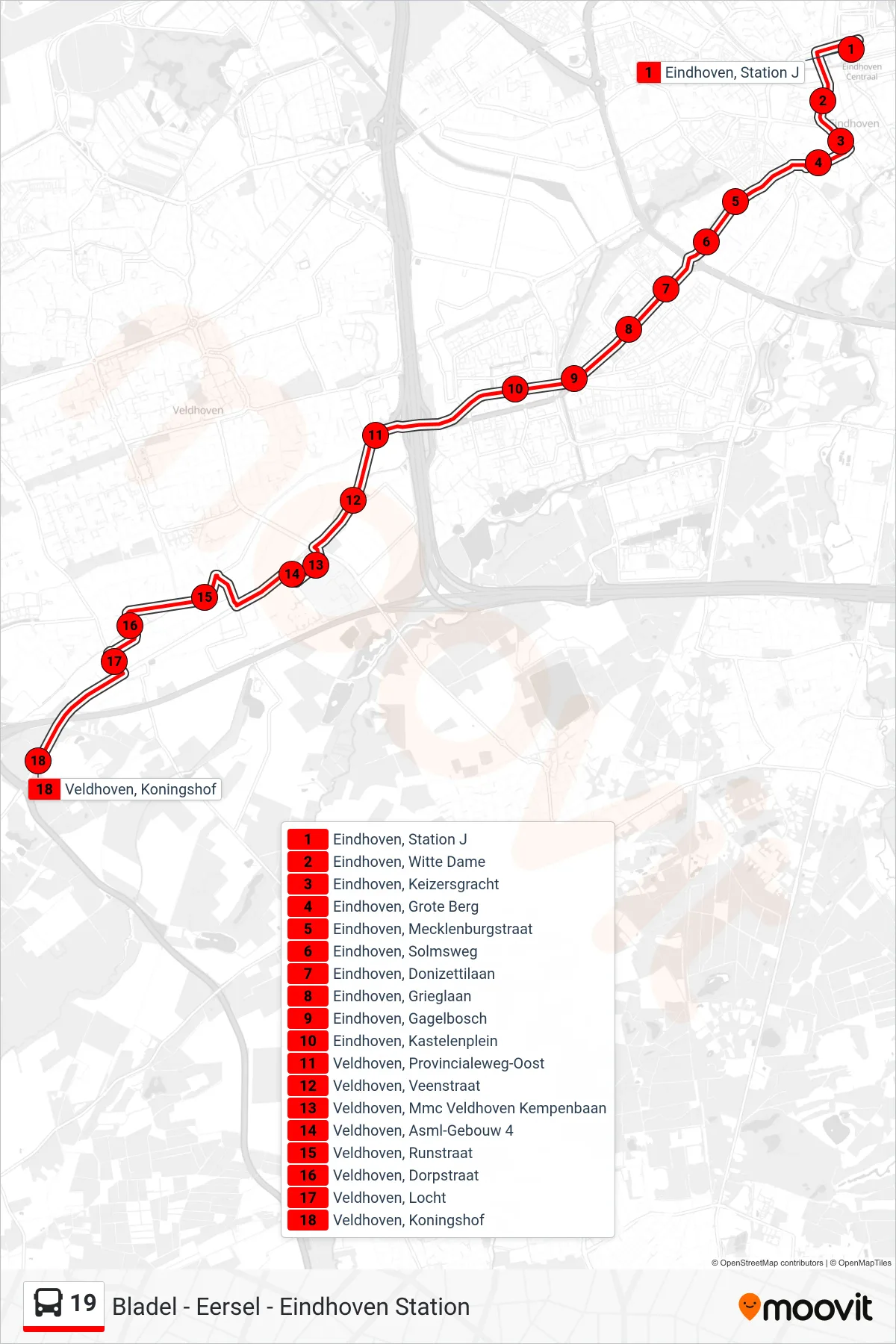 Lijn 19 (bus, Veldhoven Koningshof): route en haltes op de kaart