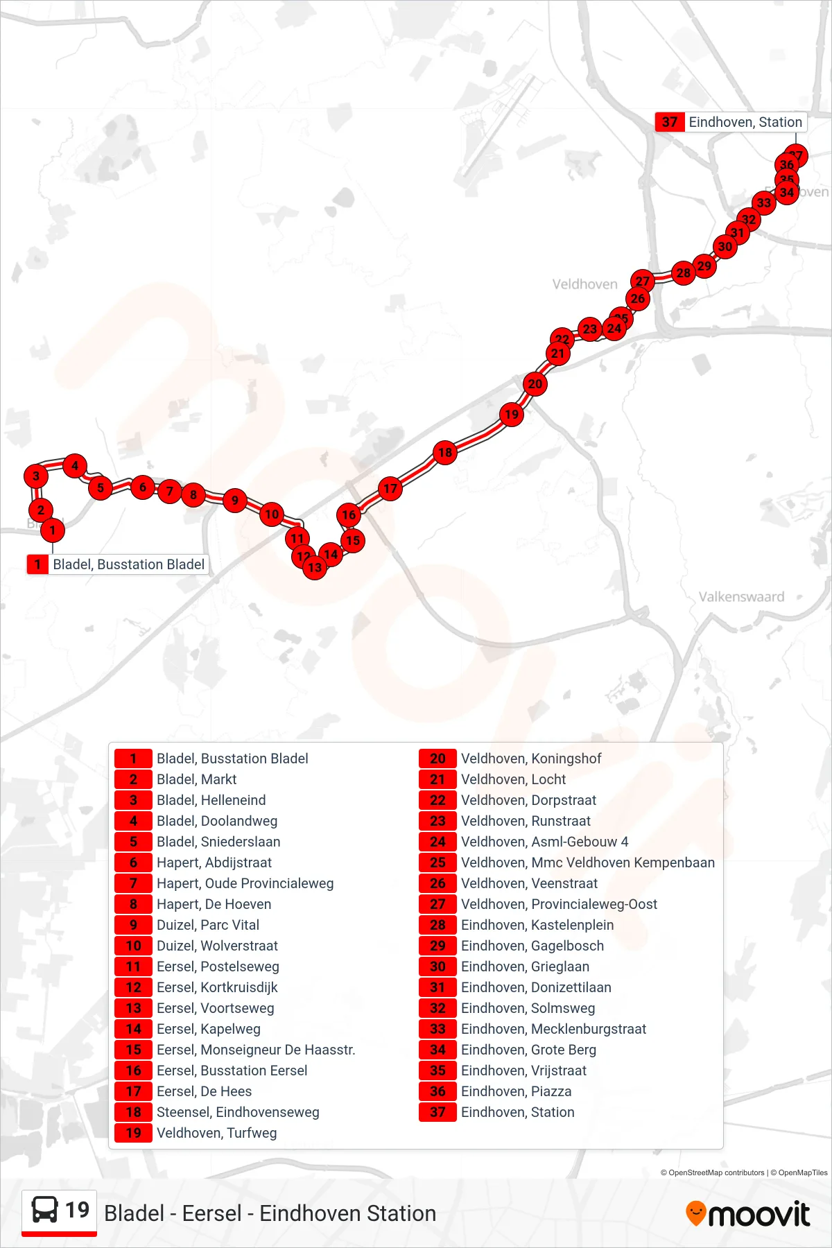 19 bus Line (Eindhoven Station) route and stops on a map