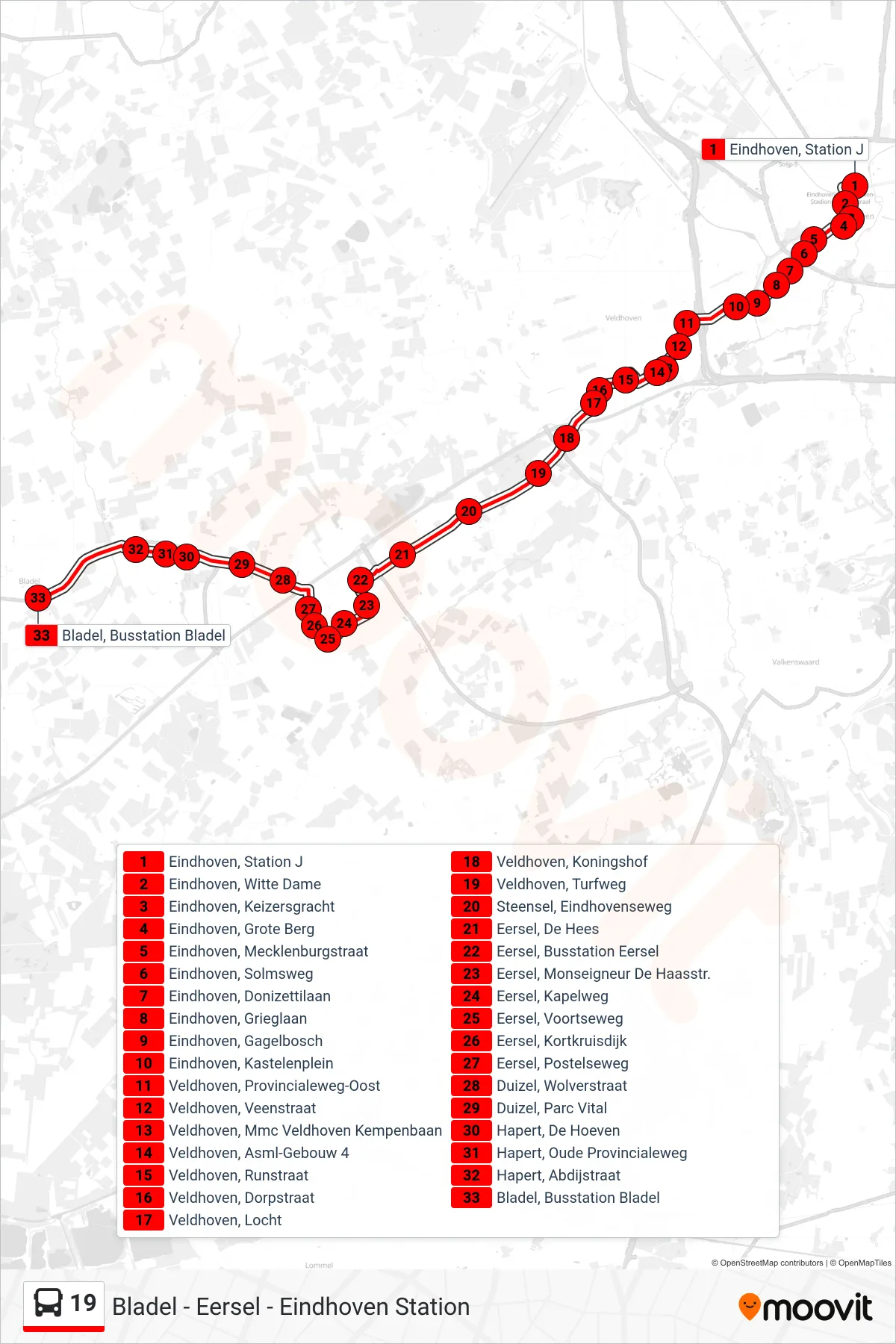 Lijn 19 (bus, Bladel): route en haltes op de kaart