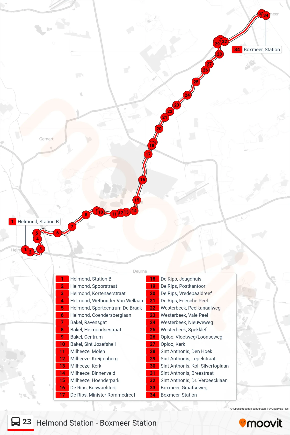 Linie 23 (Bus) Richtung Boxmeer Station: Route und Haltestellen auf der Karte