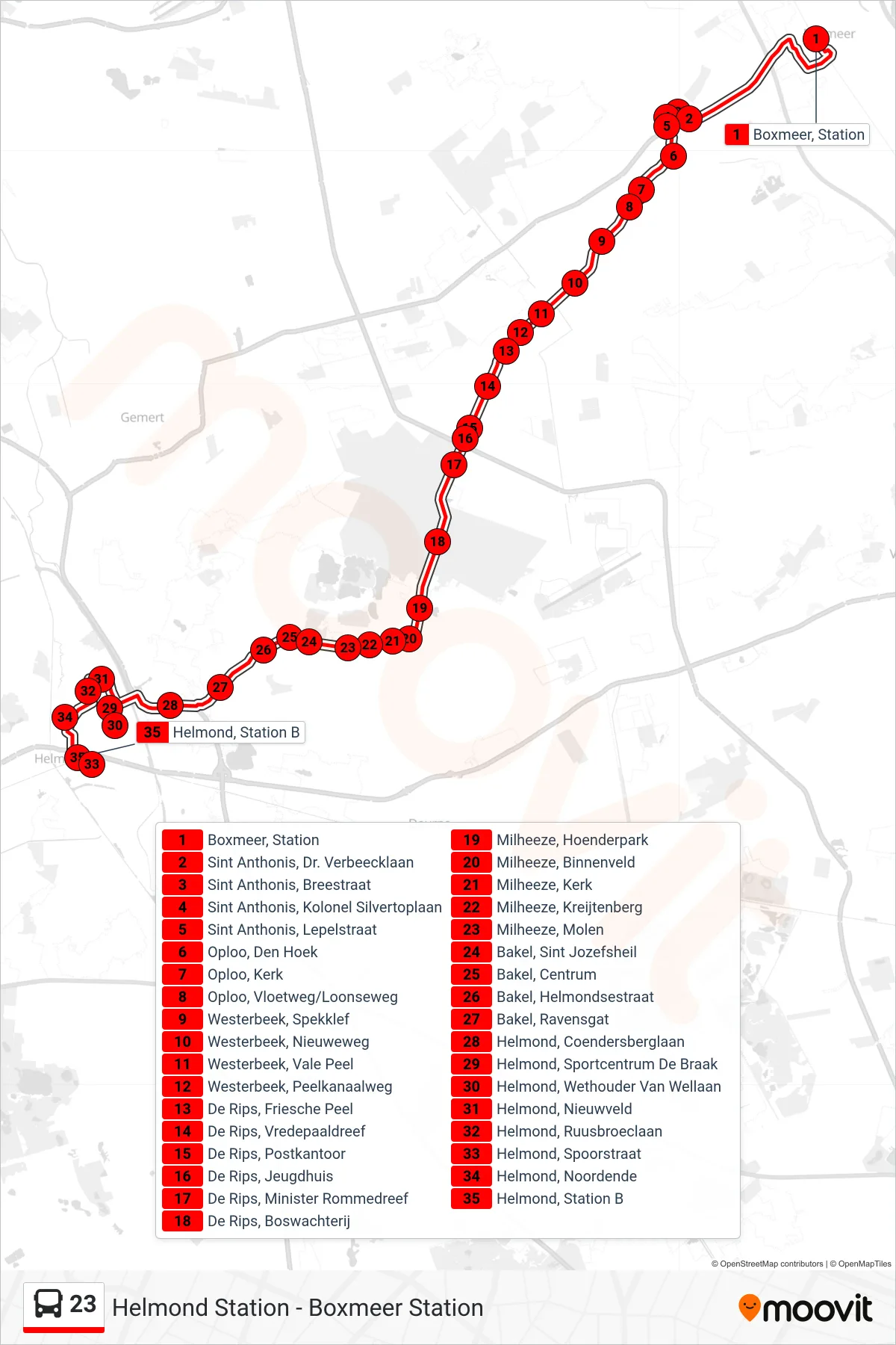 Lijn 23 (bus, Helmond Station): route en haltes op de kaart
