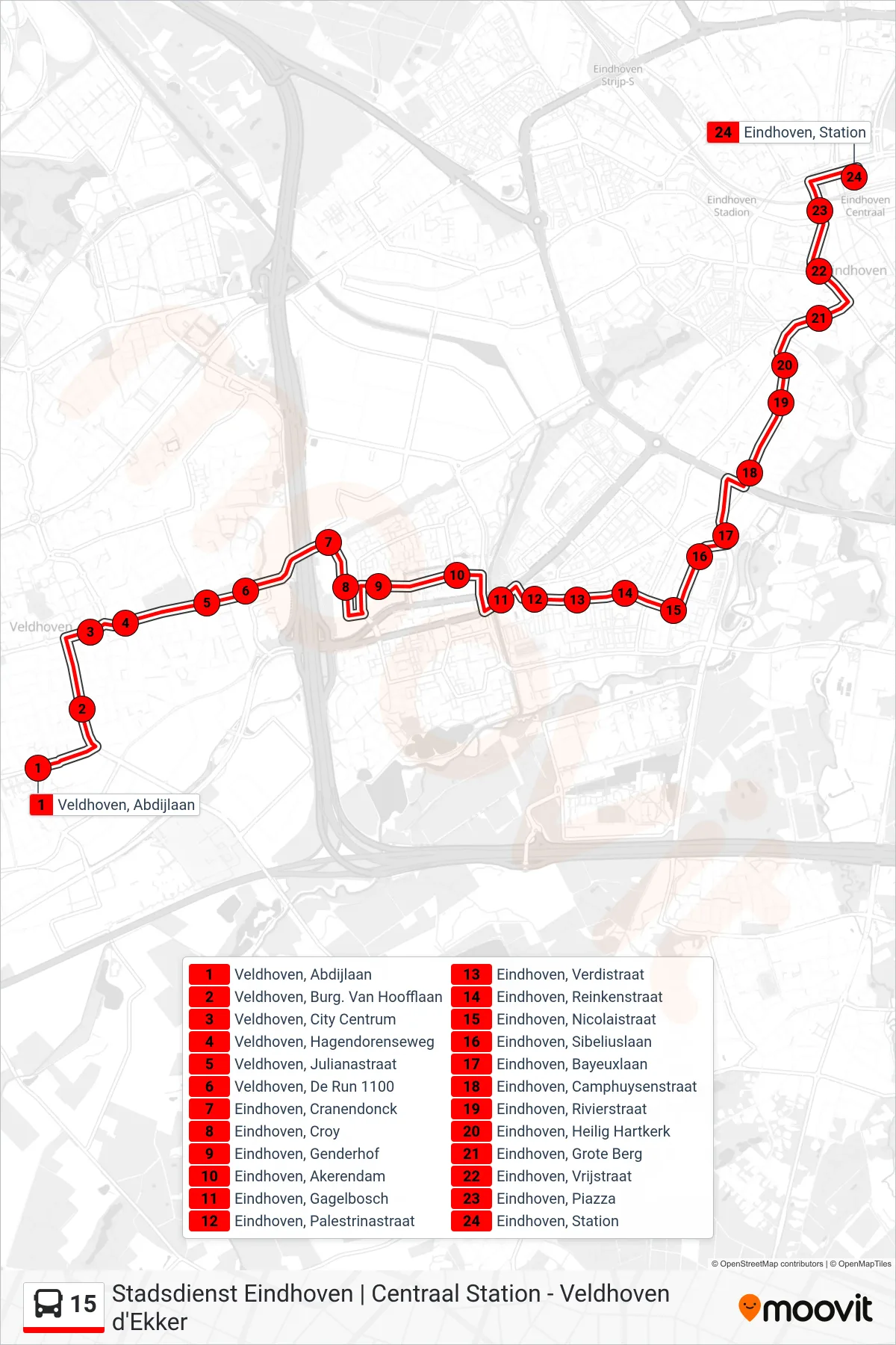 Lijn 15 (bus, Eindhoven Station): route en haltes op de kaart