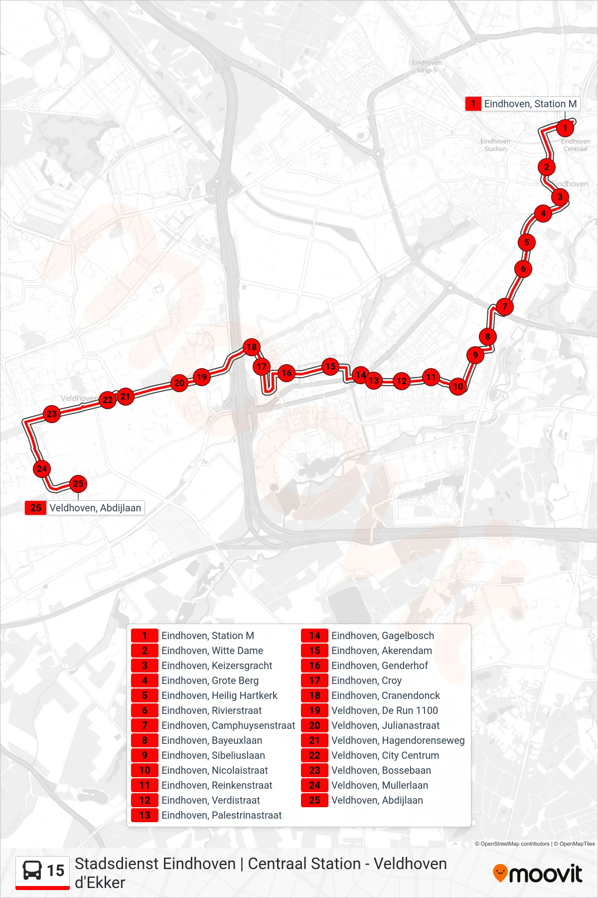 Lijn 15 (bus, Veldhoven Abdijlaan): route en haltes op de kaart