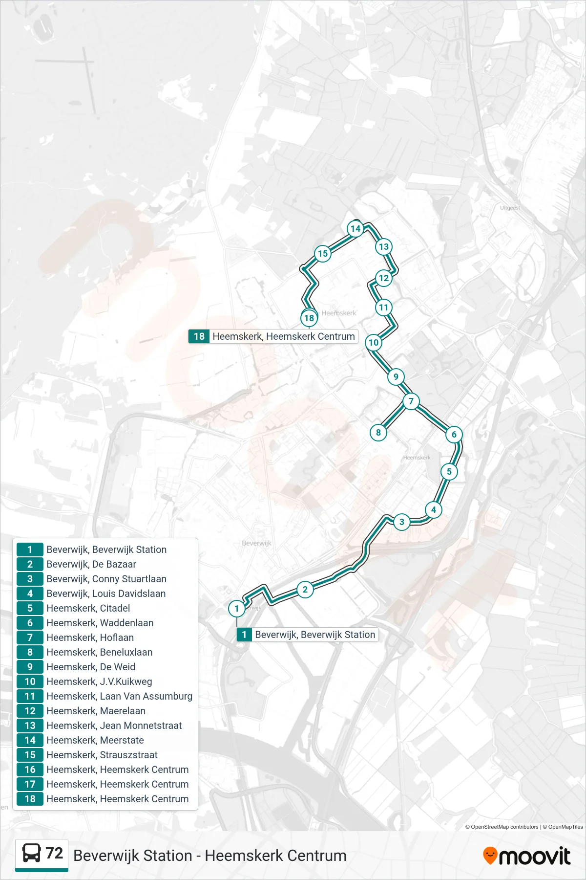 Lijn 72 (bus, Heemskerk Centrum): route en haltes op de kaart