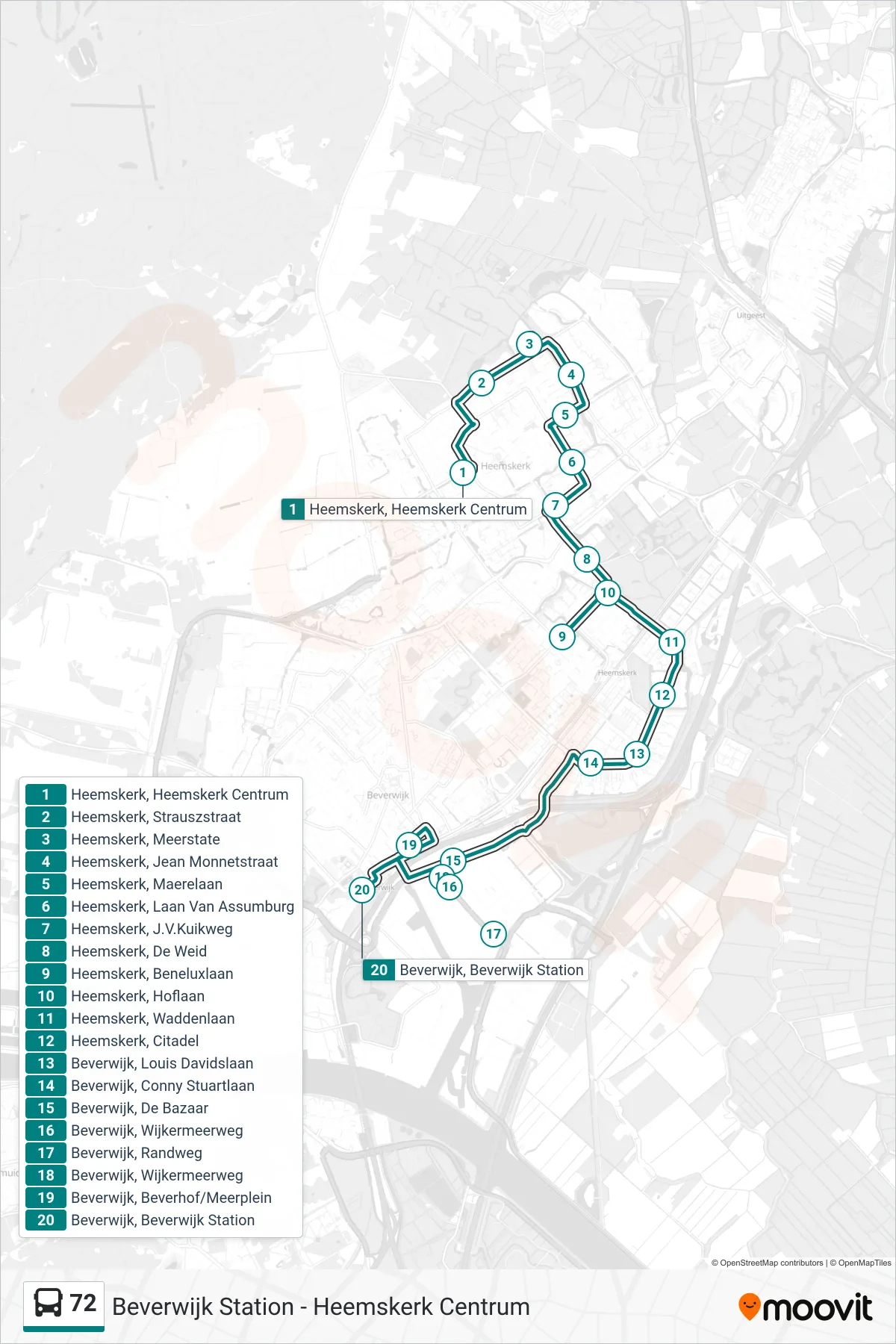 Lijn 72 (bus, Beverwijk Station): route en haltes op de kaart