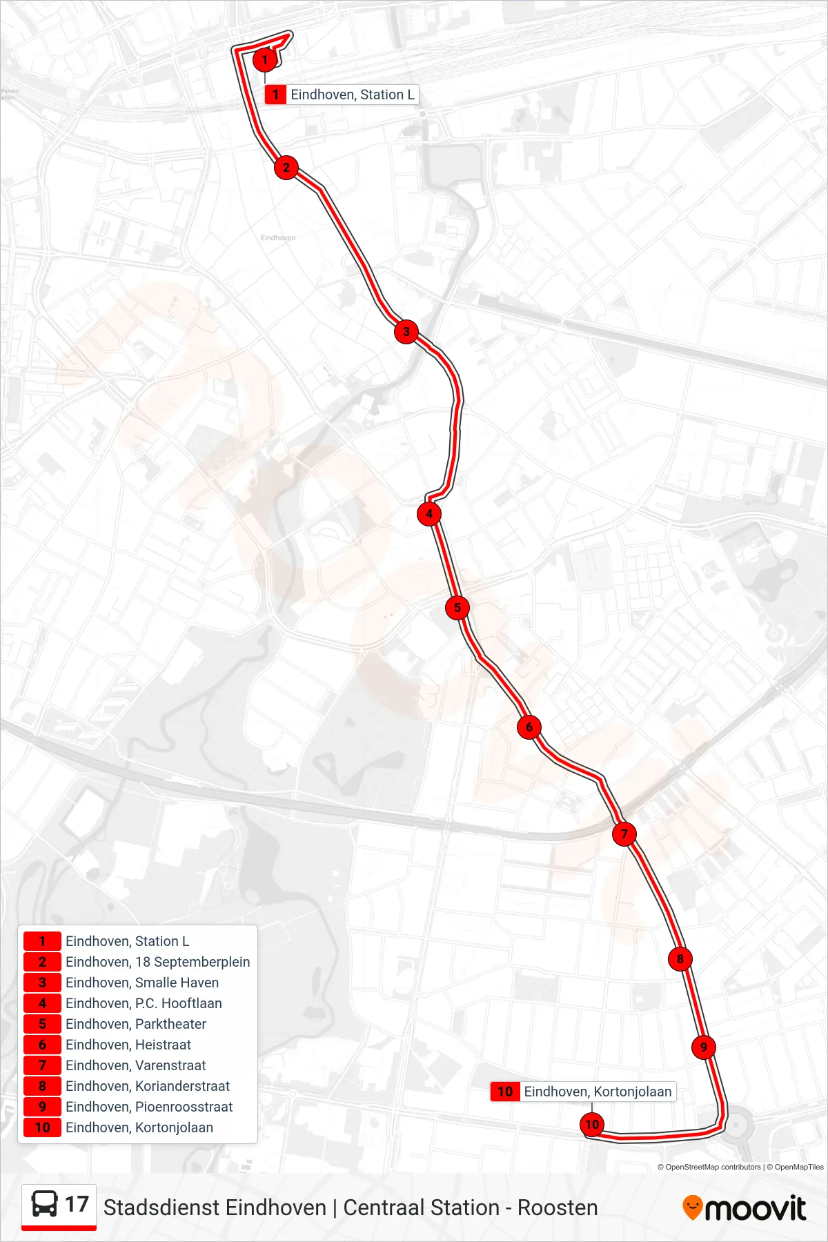 17 bus Line (Roosten) route and stops on a map