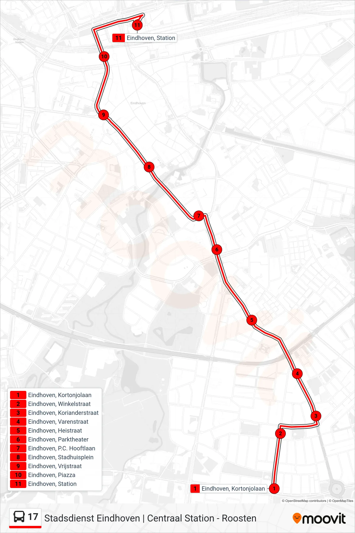 Lijn 17 (bus, Eindhoven Station): route en haltes op de kaart