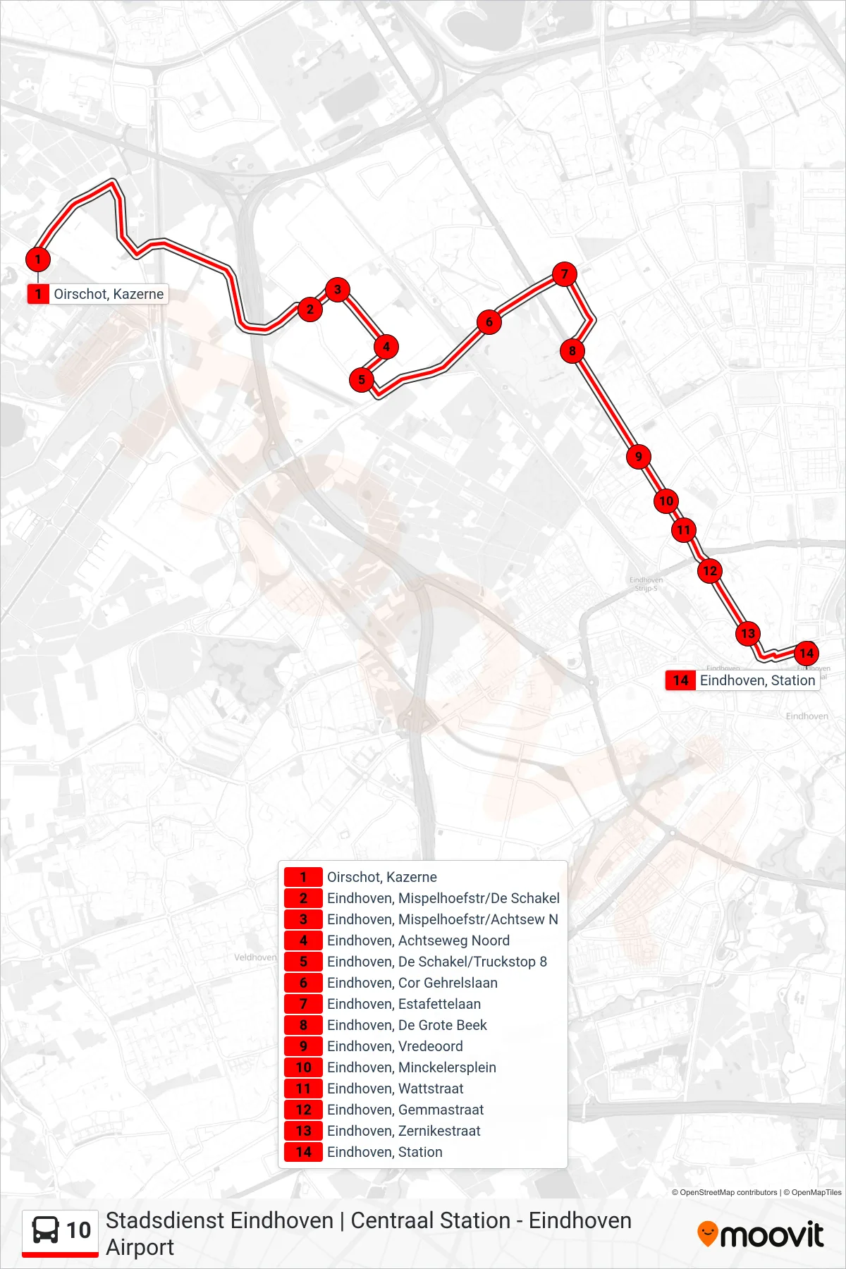 Linie 10 (Bus) Richtung Eindhoven Station: Route und Haltestellen auf der Karte