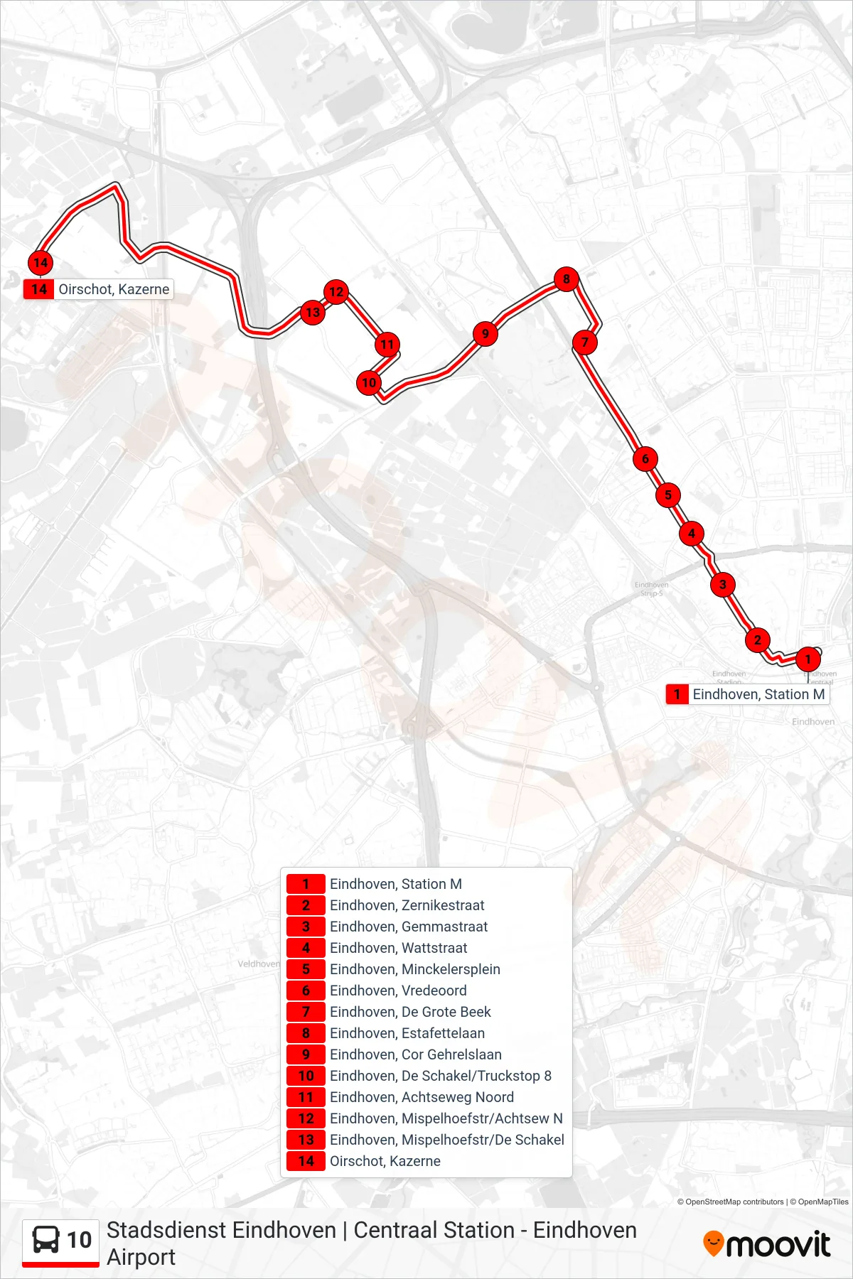 Lijn 10 (bus, Oirschot Kazerne): route en haltes op de kaart