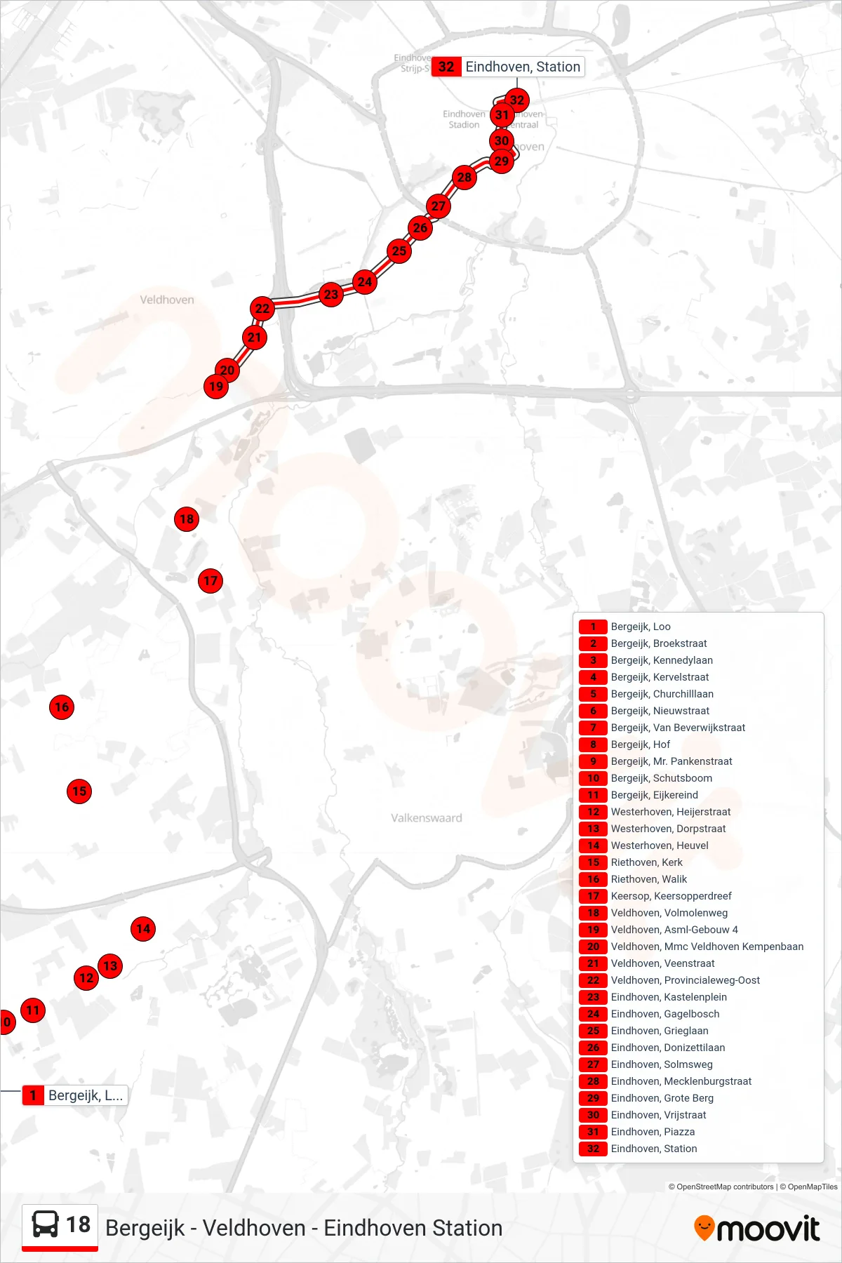Lijn 18 (bus, Eindhoven Station): route en haltes op de kaart