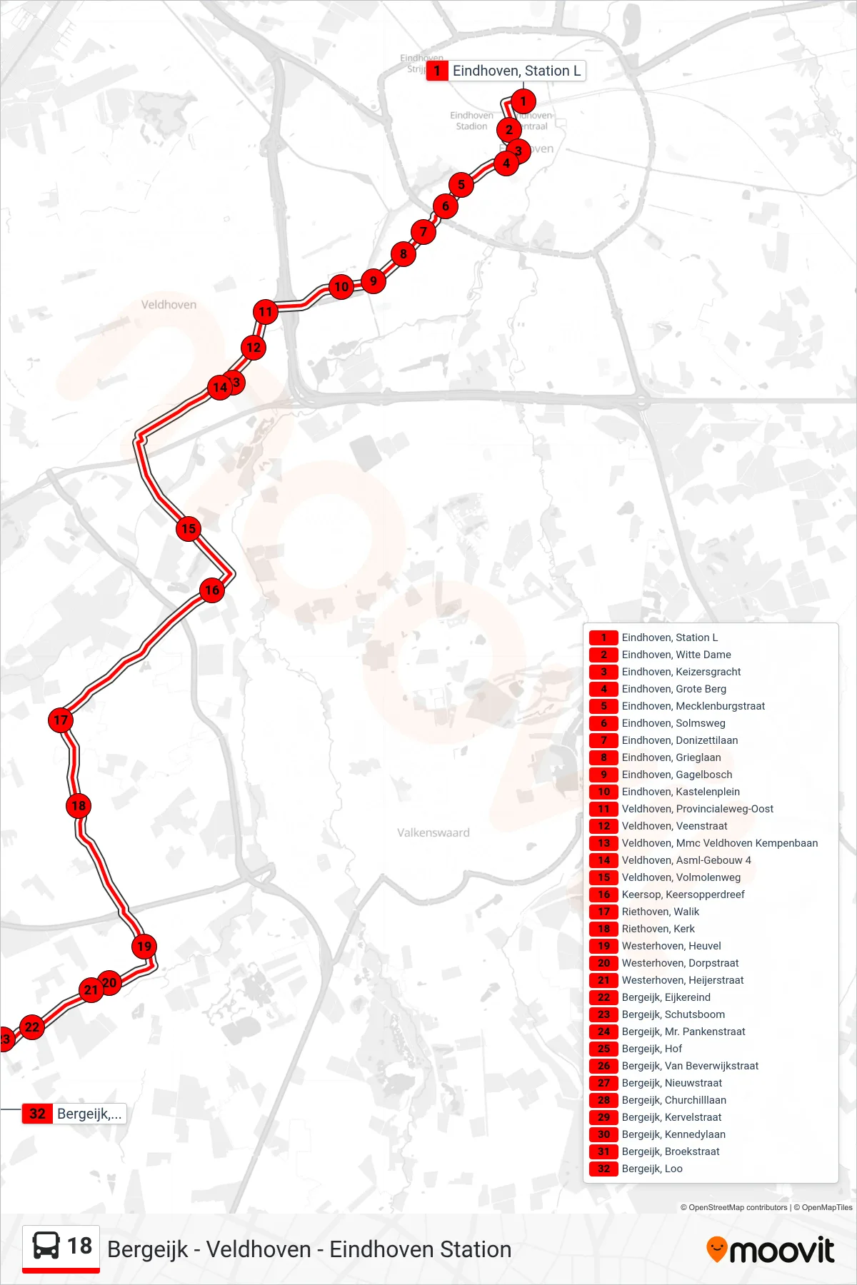 Lijn 18 (bus, Bergeijk Loo): route en haltes op de kaart