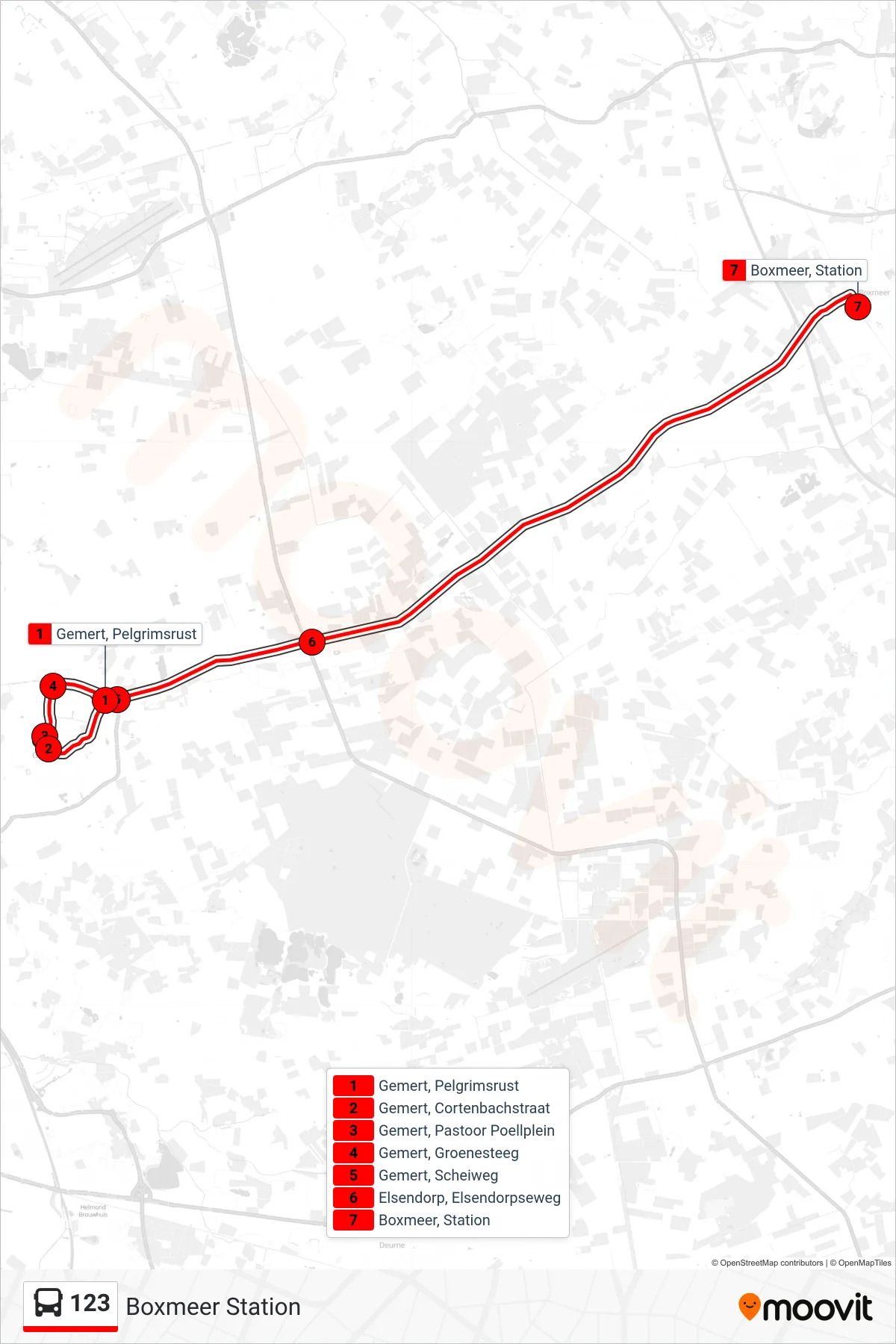Lijn 123 (bus, Boxmeer Station): route en haltes op de kaart