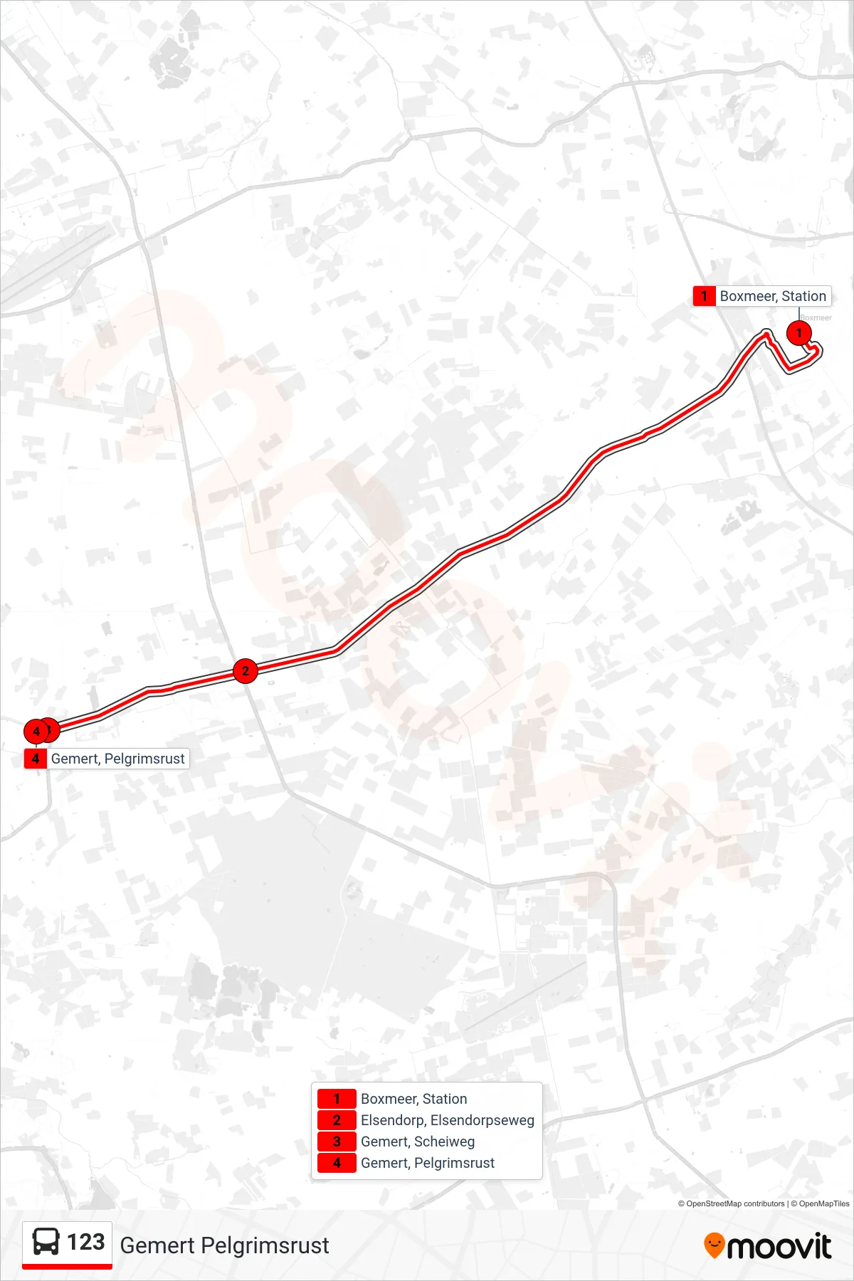 123 bus Line (Gemert Pelgrimsrust) route and stops on a map