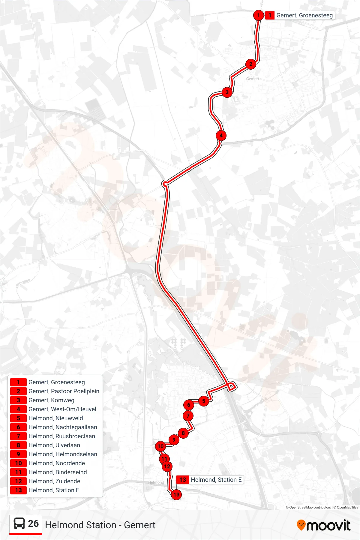 Lijn 26 (bus, Helmond Station): route en haltes op de kaart