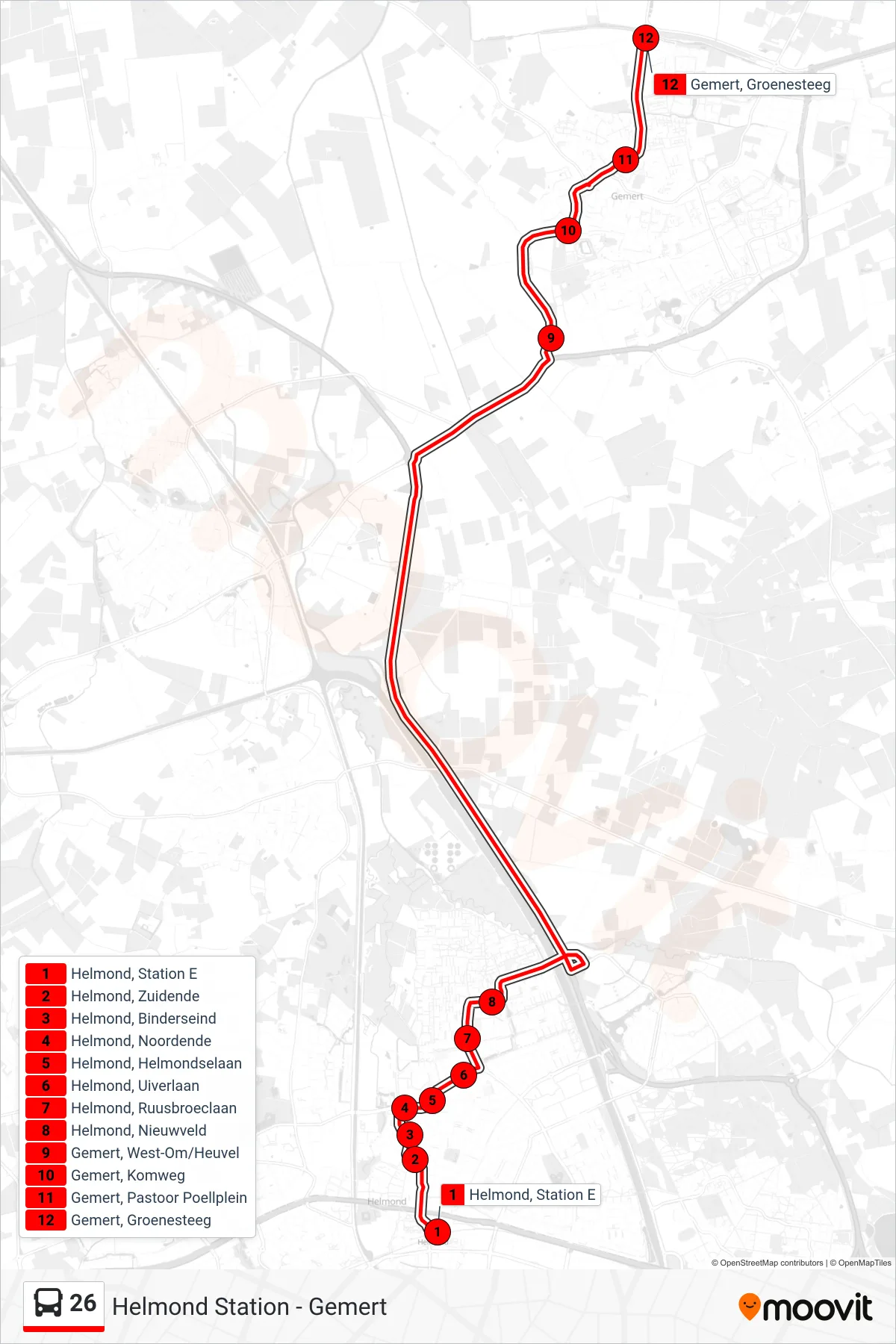 Lijn 26 (bus, Gemert Groenesteeg): route en haltes op de kaart