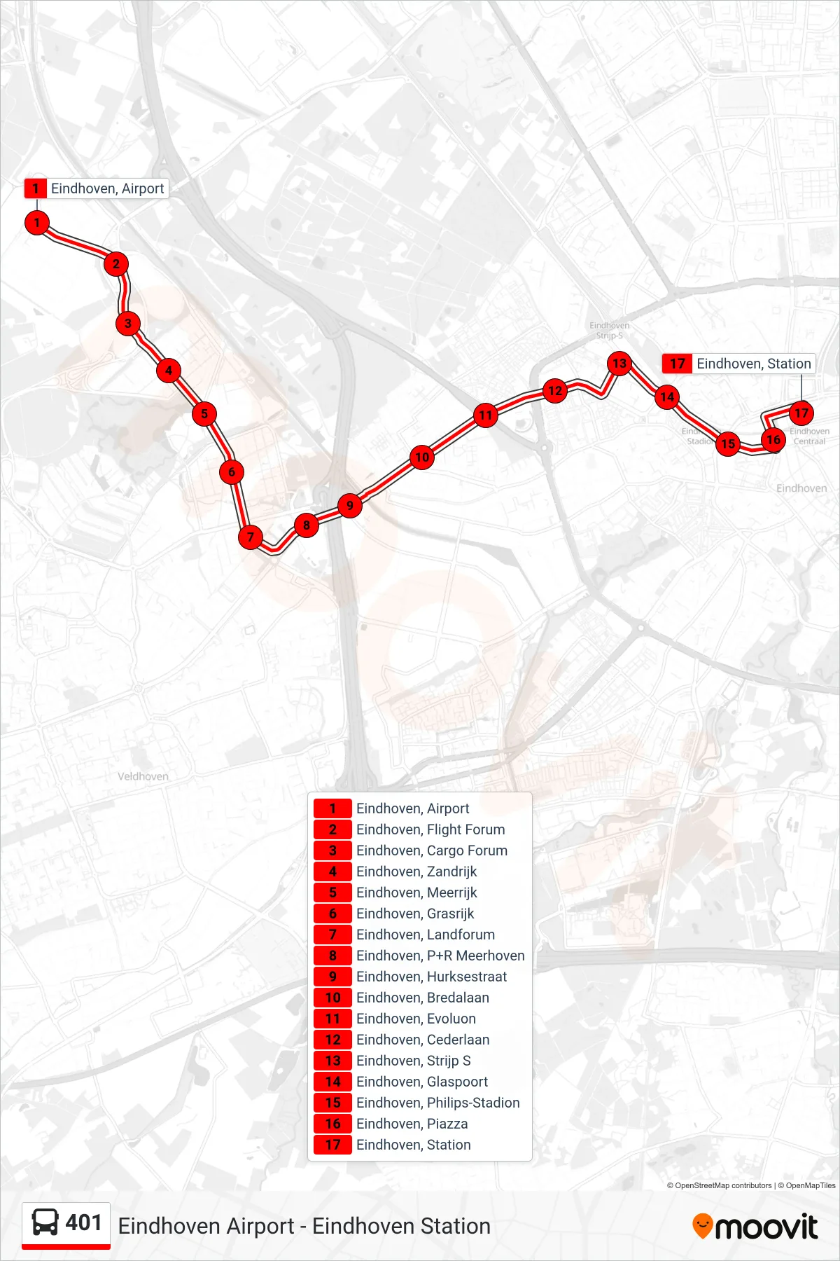 Lijn 401 (bus, Eindhoven Station): route en haltes op de kaart