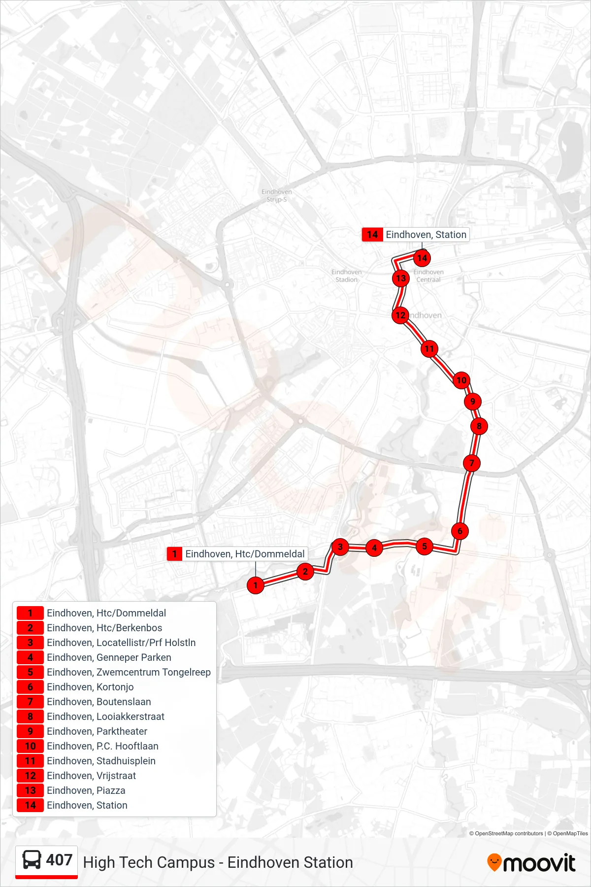 Lijn 407 (bus, Eindhoven Station): route en haltes op de kaart